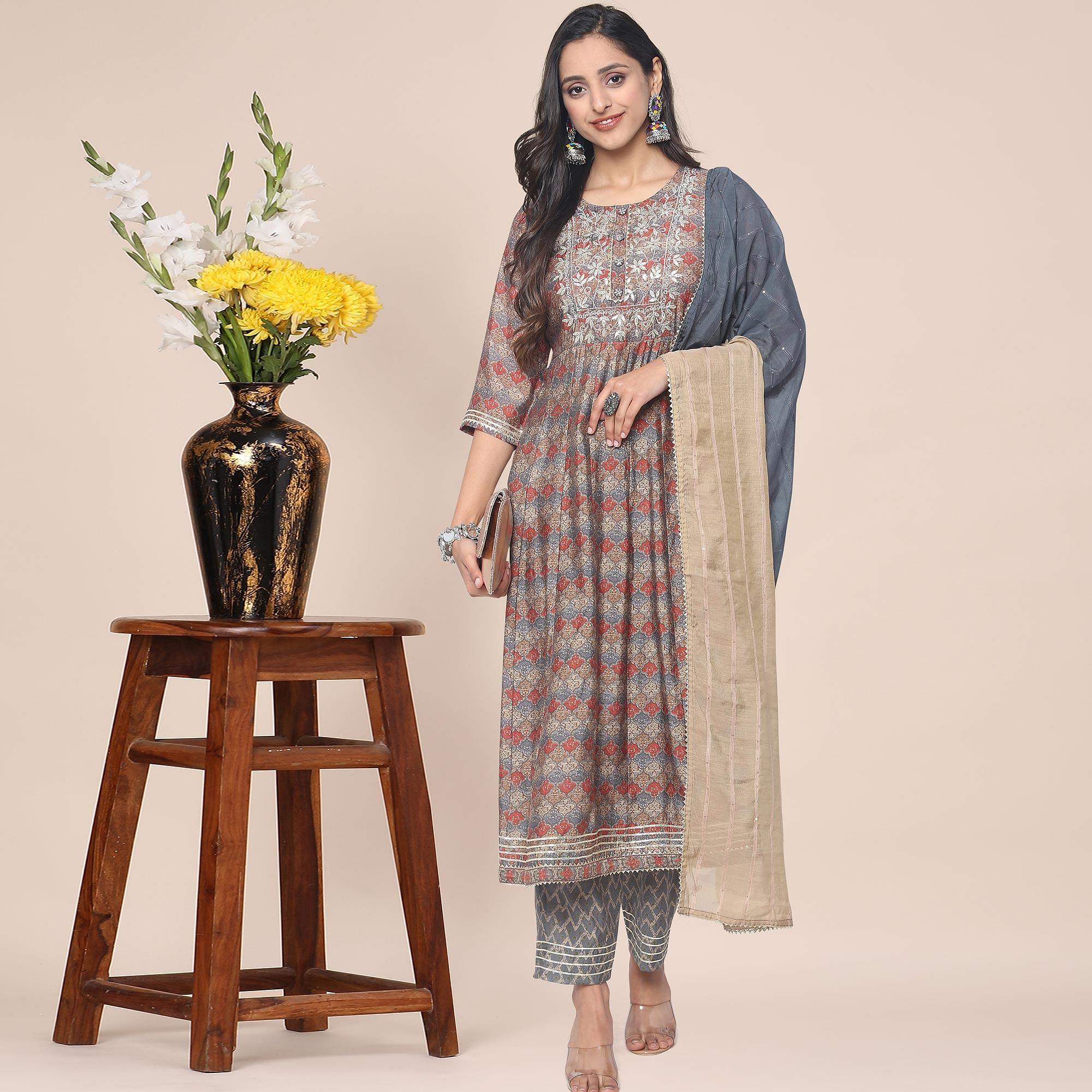 Peachmode Brown Patywear Floral Embroidered With Print Cotton Anarkali Suit - view 7