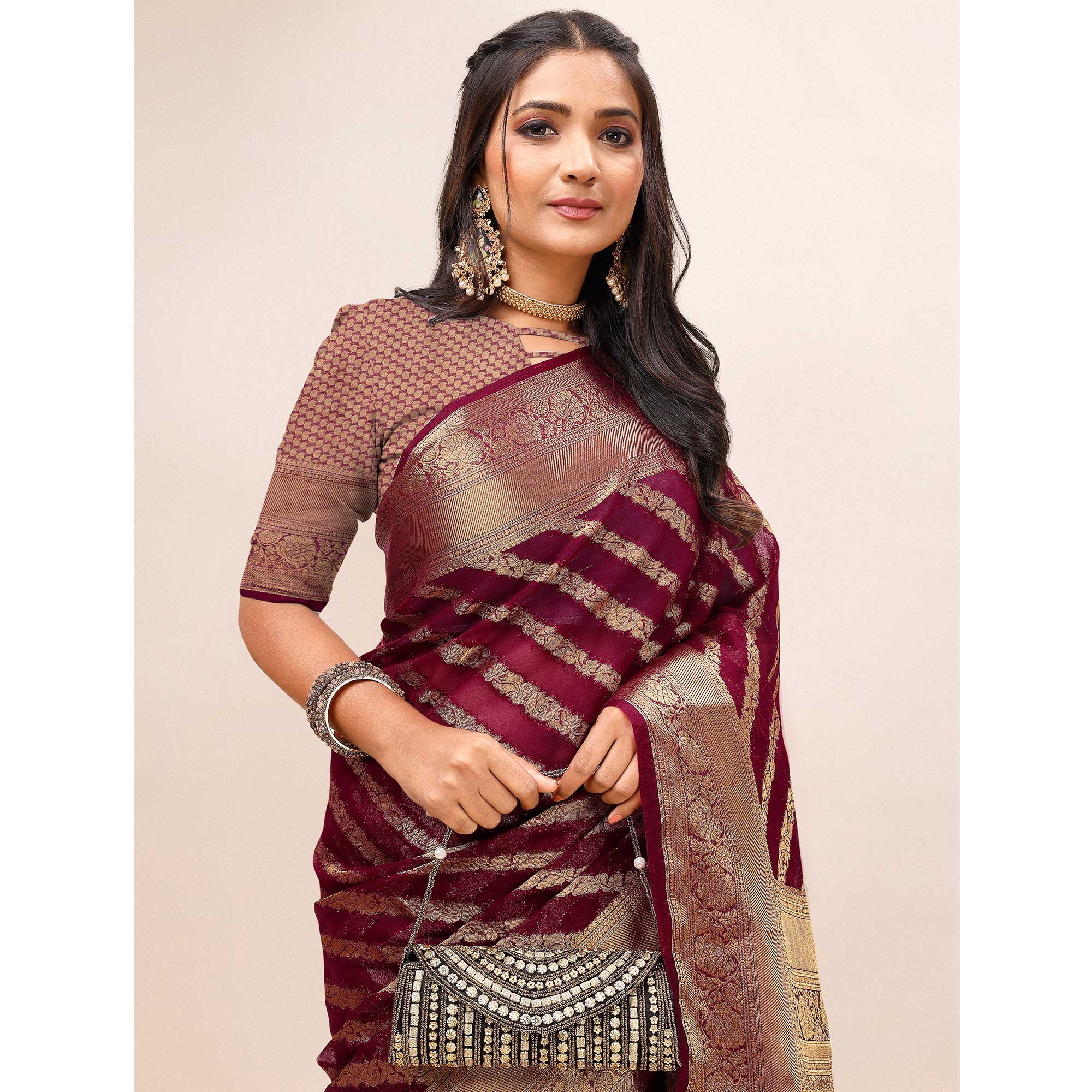 Peachmode Maroon Woven Organza Saree With Tassels - view 7