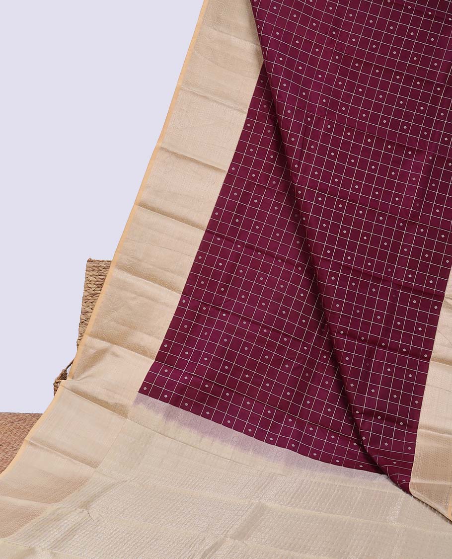 Pothys Maroon buttas & checked silk saree, contrast intricate pallu & border steeped with traditional zari motifs - view 2