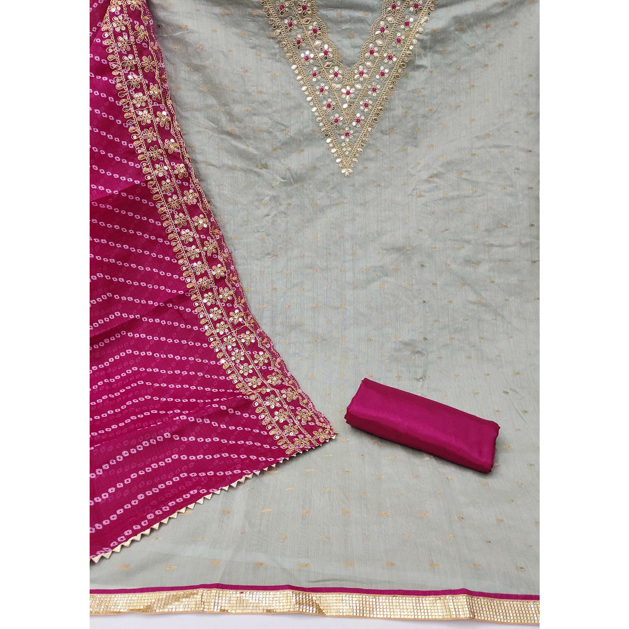 Peachmode Grey Woven With Sequins Embroidered Modal Chanderi Silk Dress Material - view 3