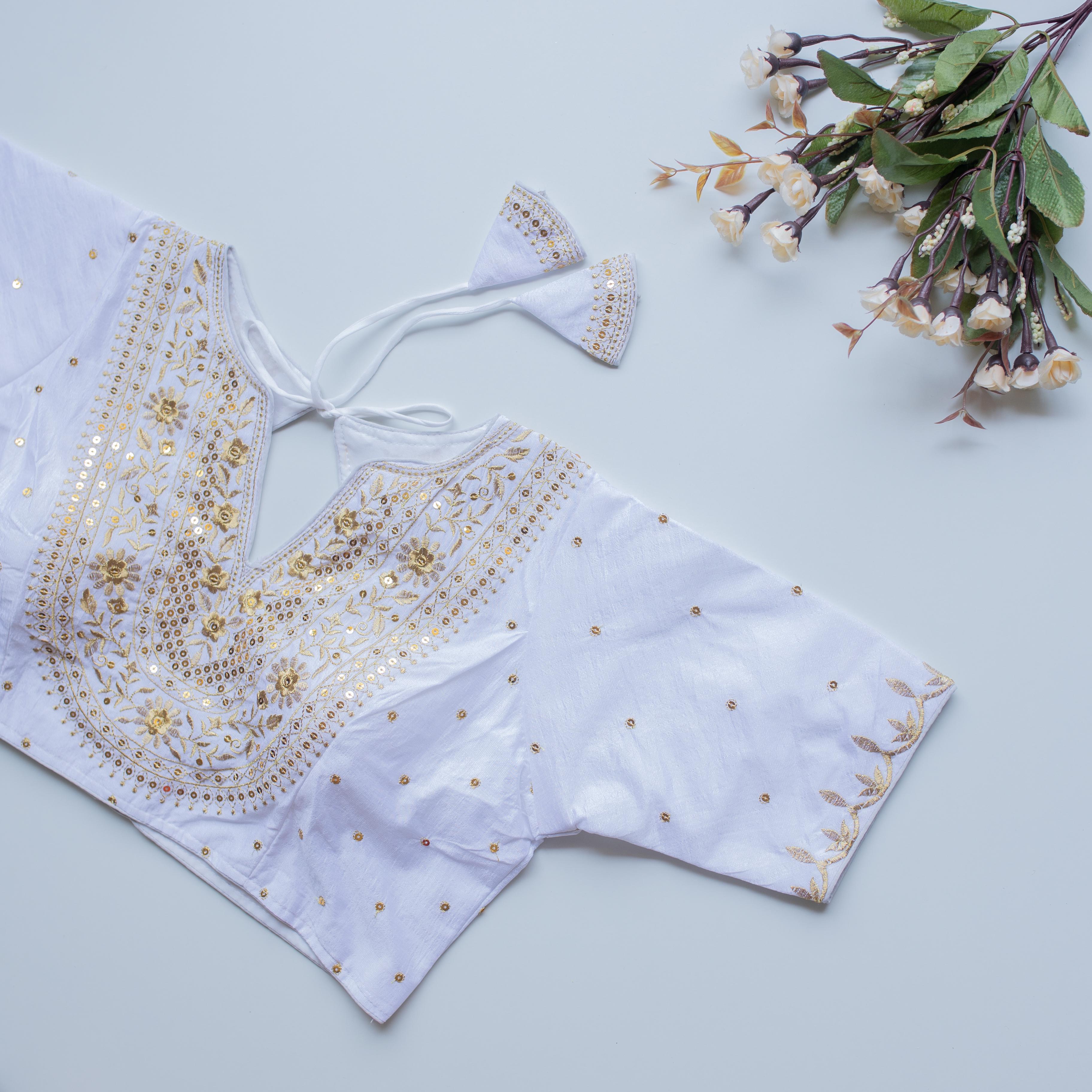 ClothsVilla White Olive Silk Blouse with Golden Embroidery and Sequence Accents