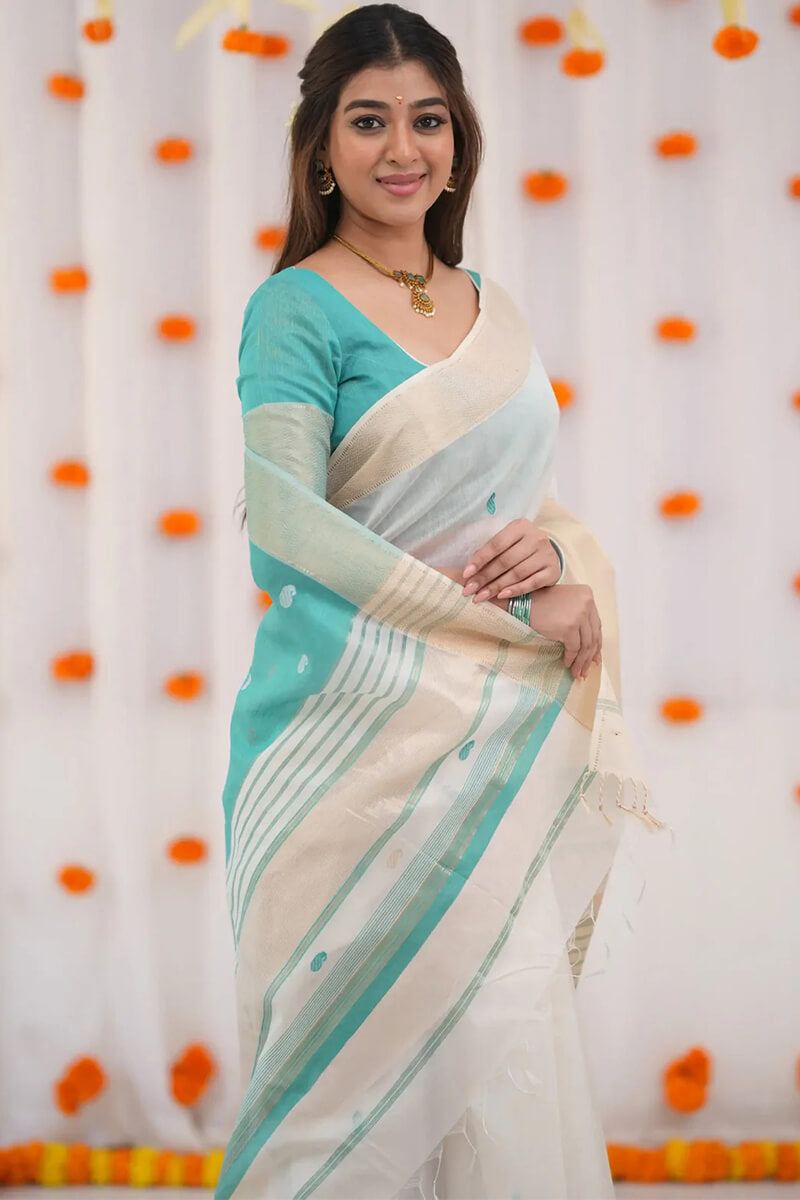 Aayna Embellished Beige Cotton Silk Saree With Ravishing Blouse Piece - view 2