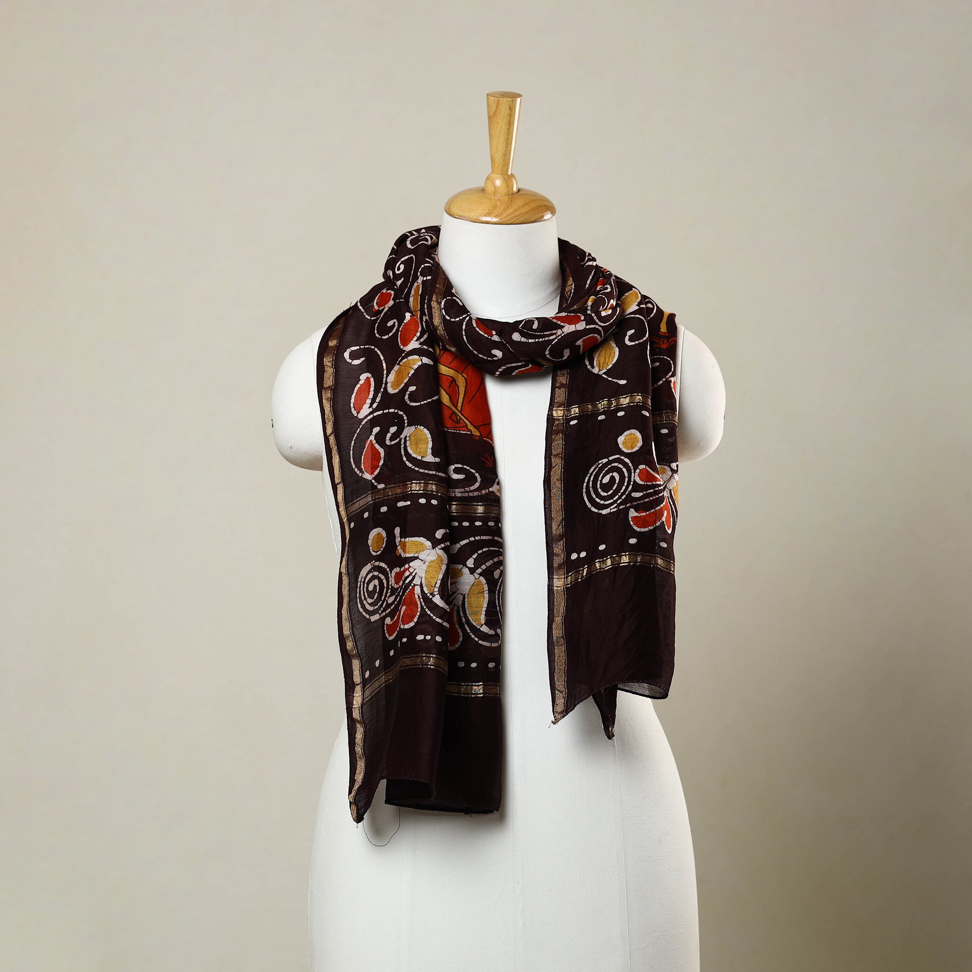 KACHCHH JI CHHAAP Brown - Handloom Chanderi Silk Hand Batik Print Stole 06