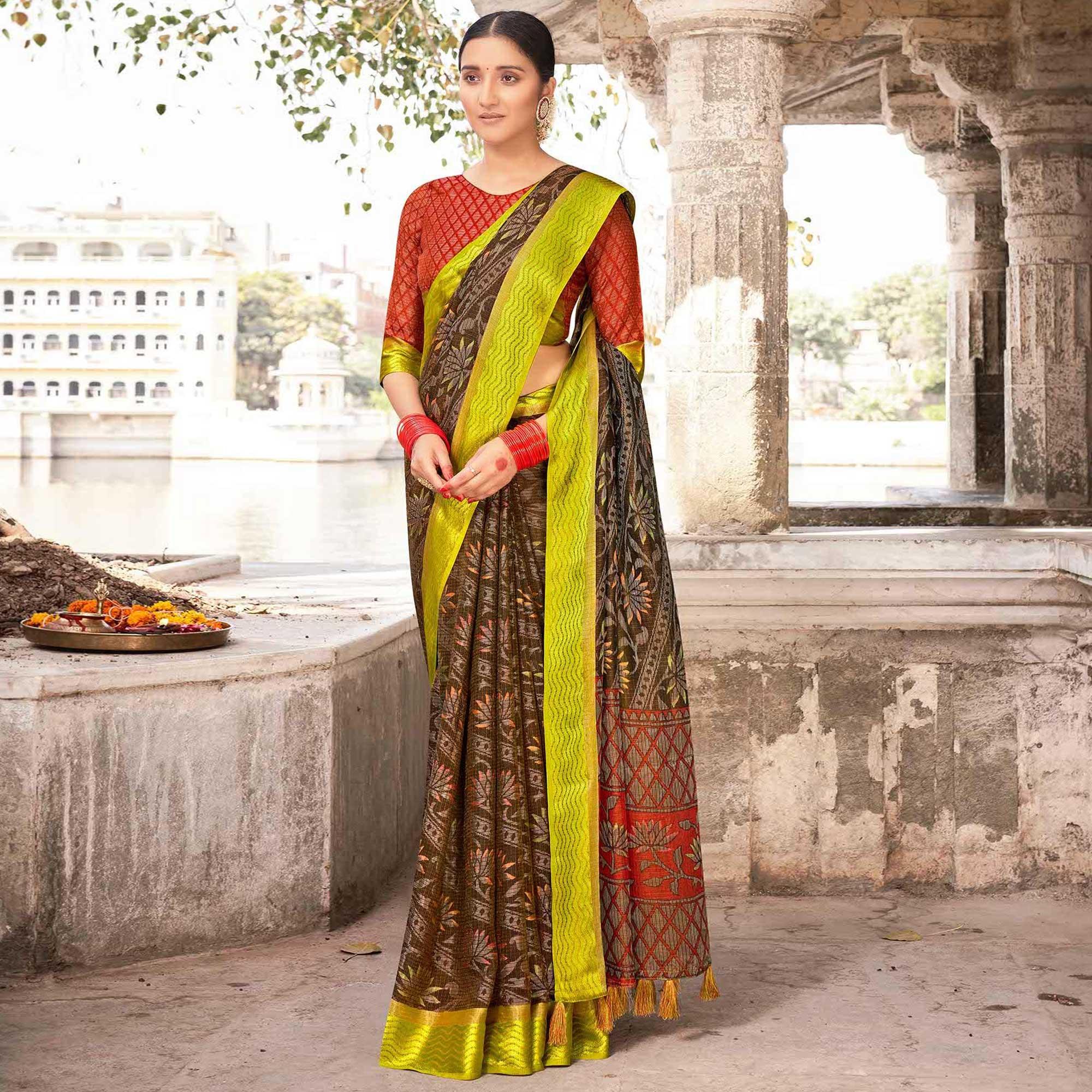 Peachmode Brown - Green Festive Wear Printed Brasso Saree