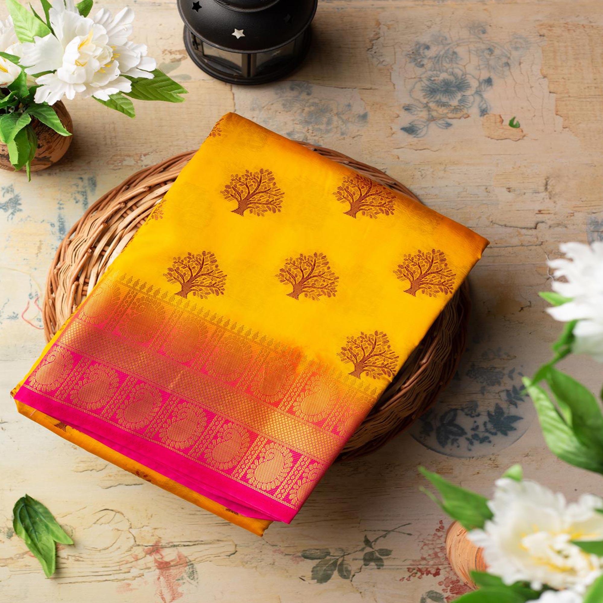 Peachmode Exclusive Orange Colored Festive Wear Woven Art Silk Saree