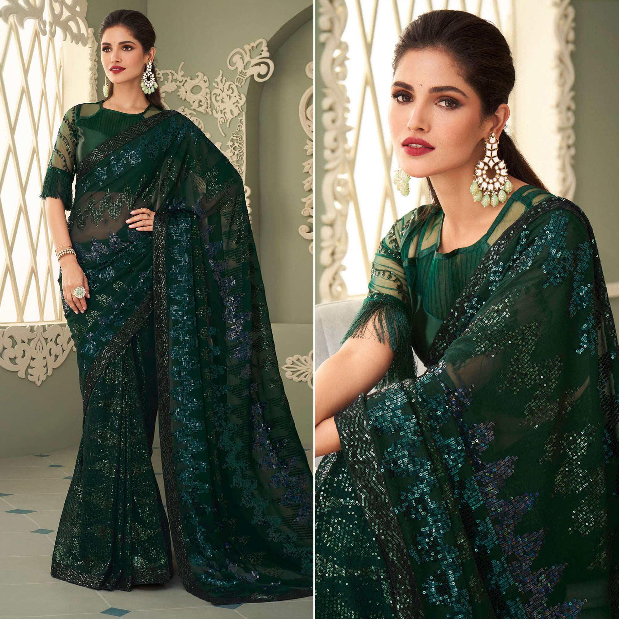 Peachmode Bottle Green Sequins Embroidered Georgette Saree
