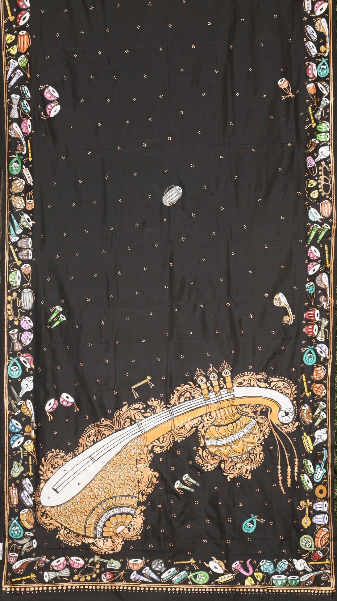 IndianVillèz Black Sitar Instrument Hand-Painted Pattachitra Saree