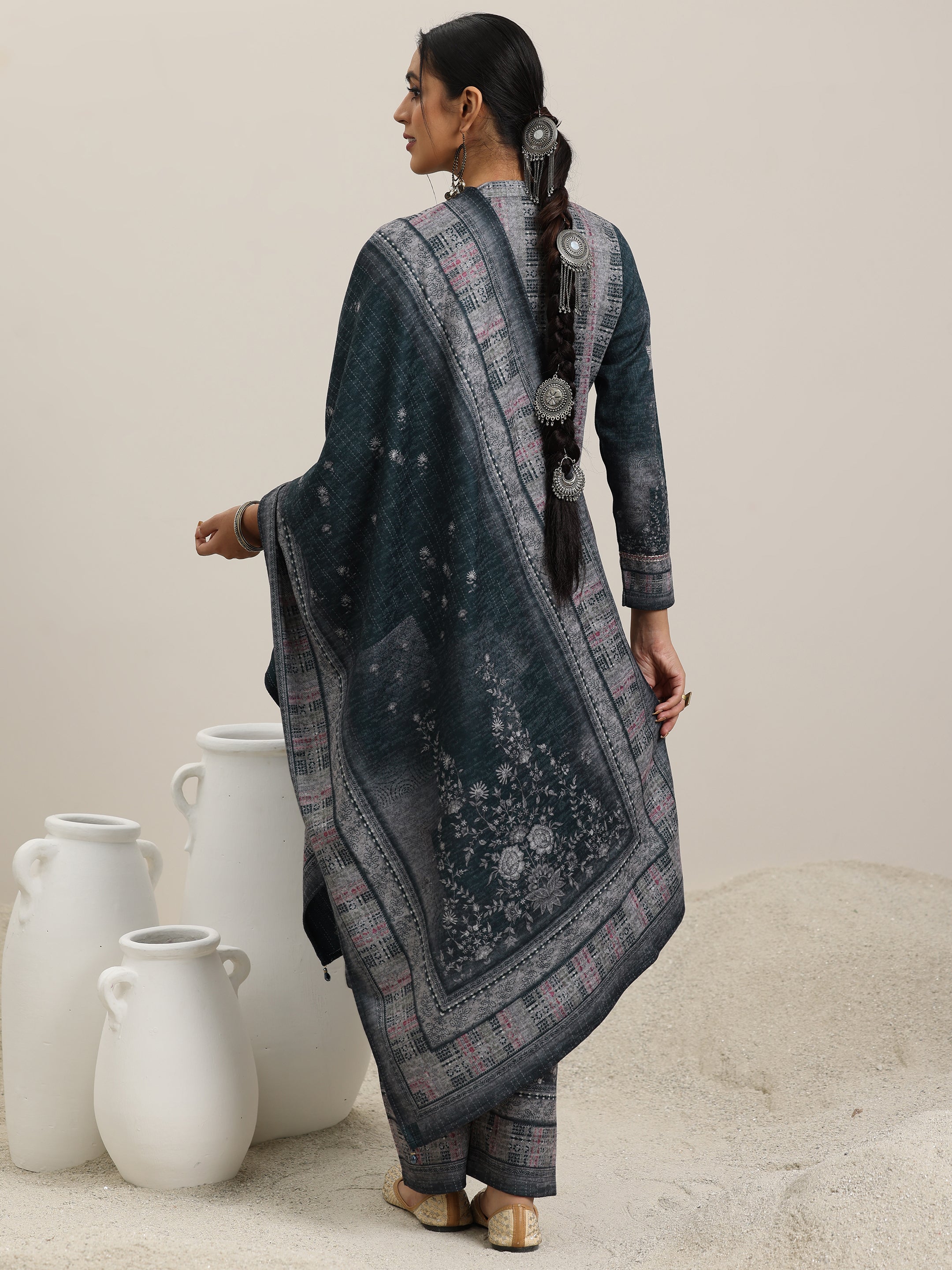 Libas Grey Printed Wool Blend Straight Suit With Dupatta - view 2