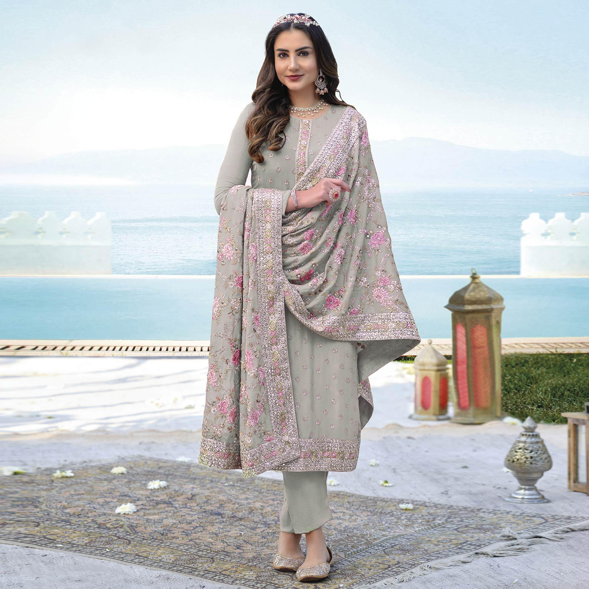 Peachmode Light Green Embroidered With Embellished Georgette Salwar Suit