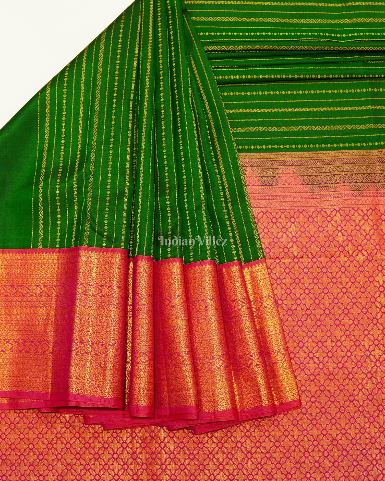 IndianVillèz Green Golden Striped Body Work Pure Kanjivaram Silk Saree