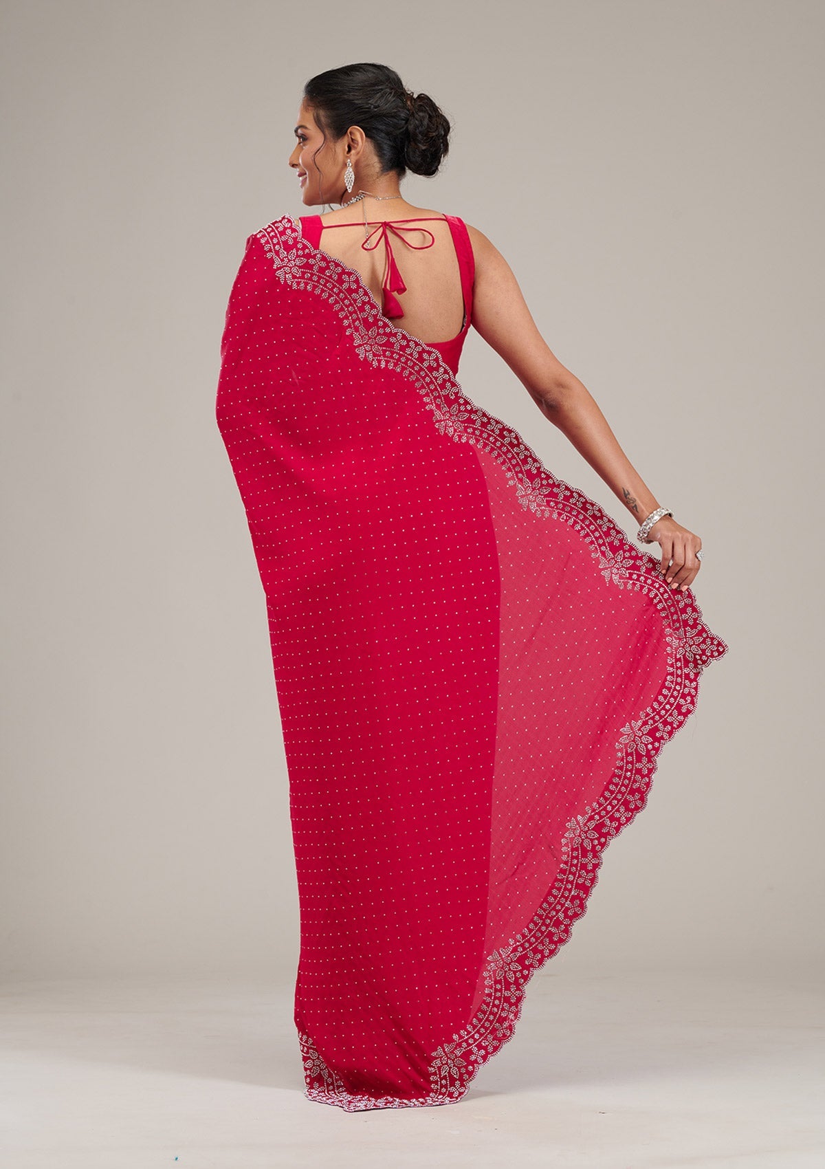 Koskii Rani Pink Swarovski Satin Saree – Women's - view 2