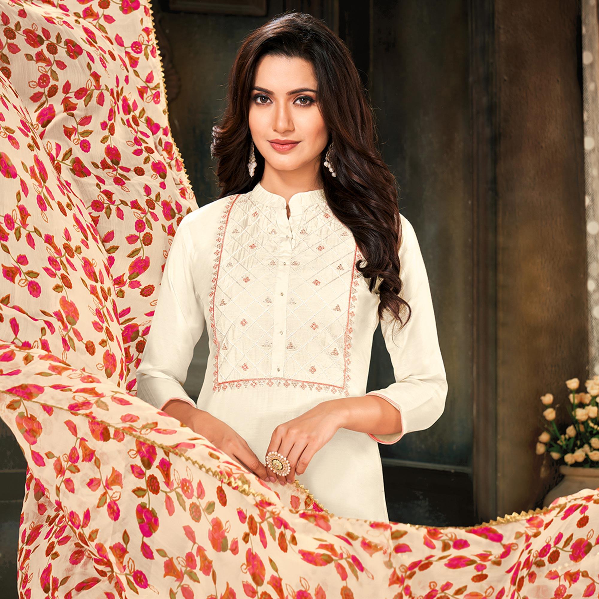 Peachmode Imposing Offwhite Colored Partywear Embroidered Chanderi Dress Material - view 3