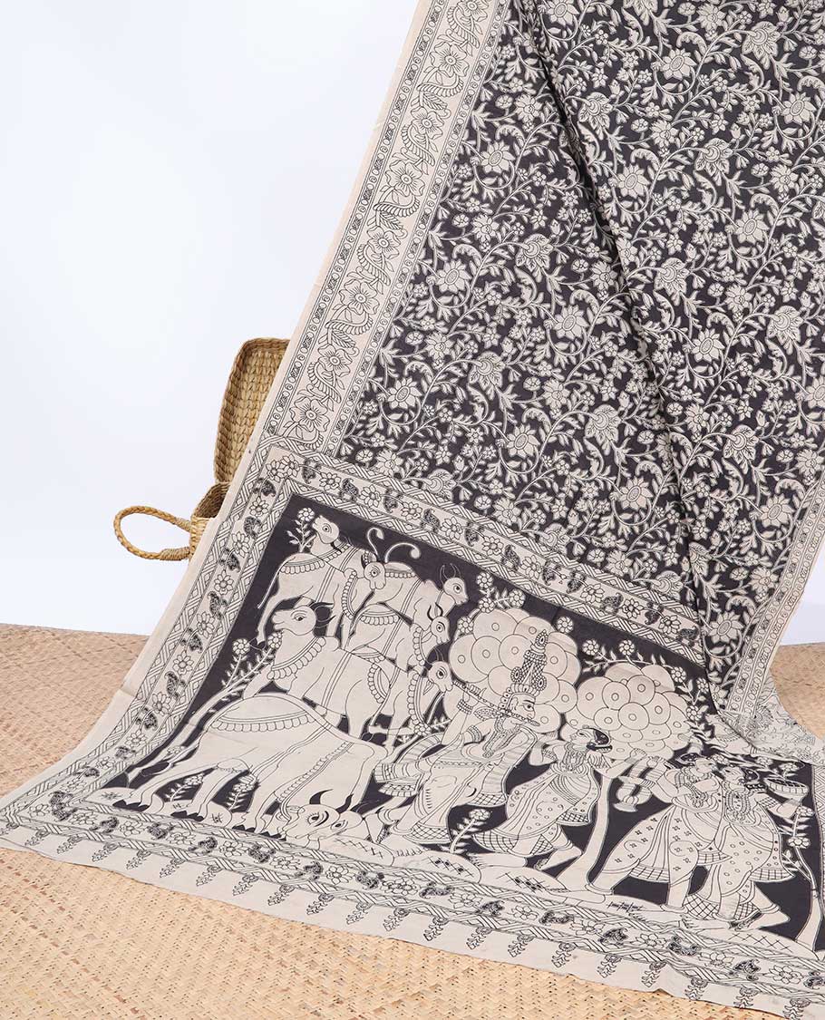Pothys Black floral machine-printed kalamkari cotton saree, self-border & pallu of Pichwai cow & radha krishna motif