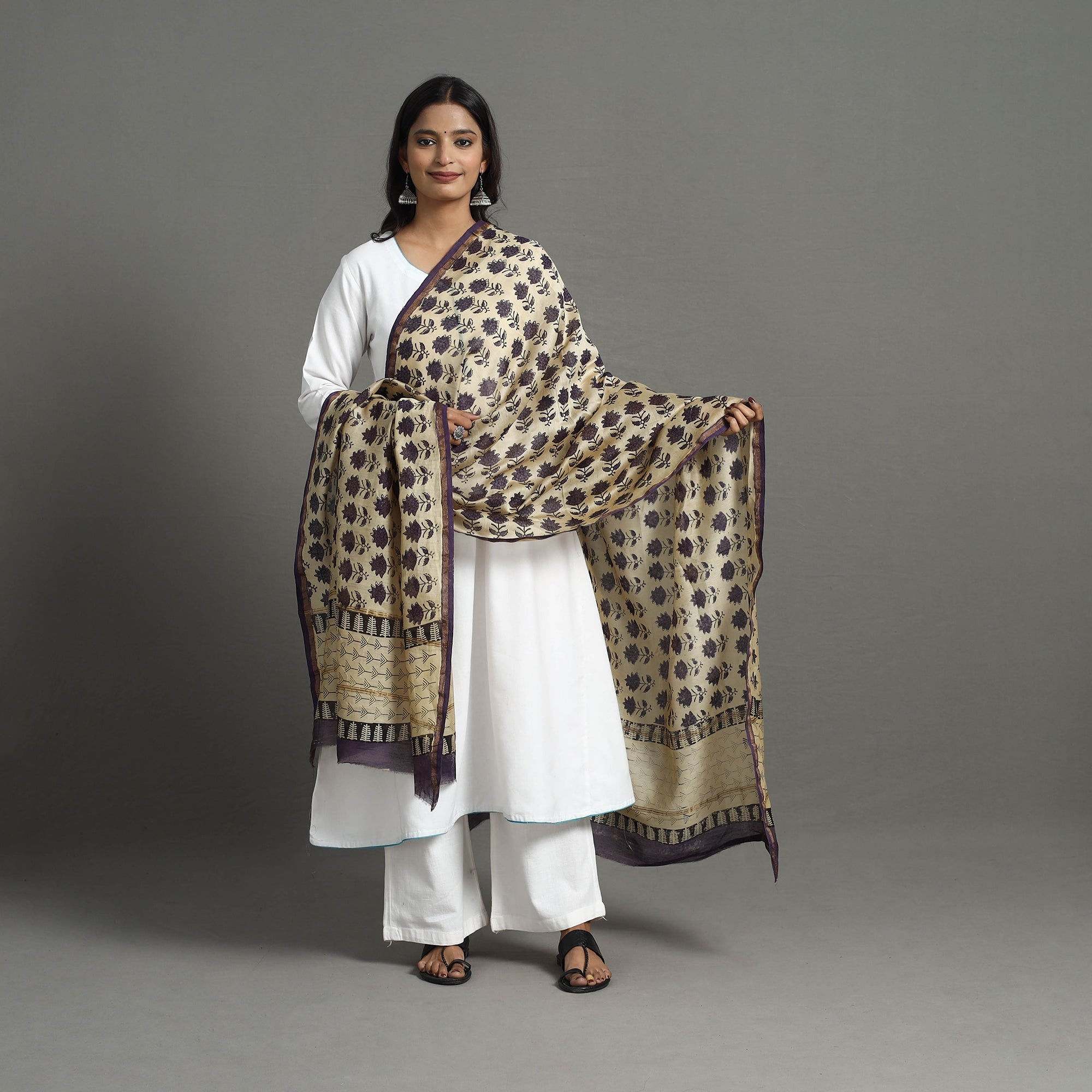 ARTISAN HAND BLOCK PRINTS Beige - Chanderi Silk Bagru Print Dupatta with Zari Border 32