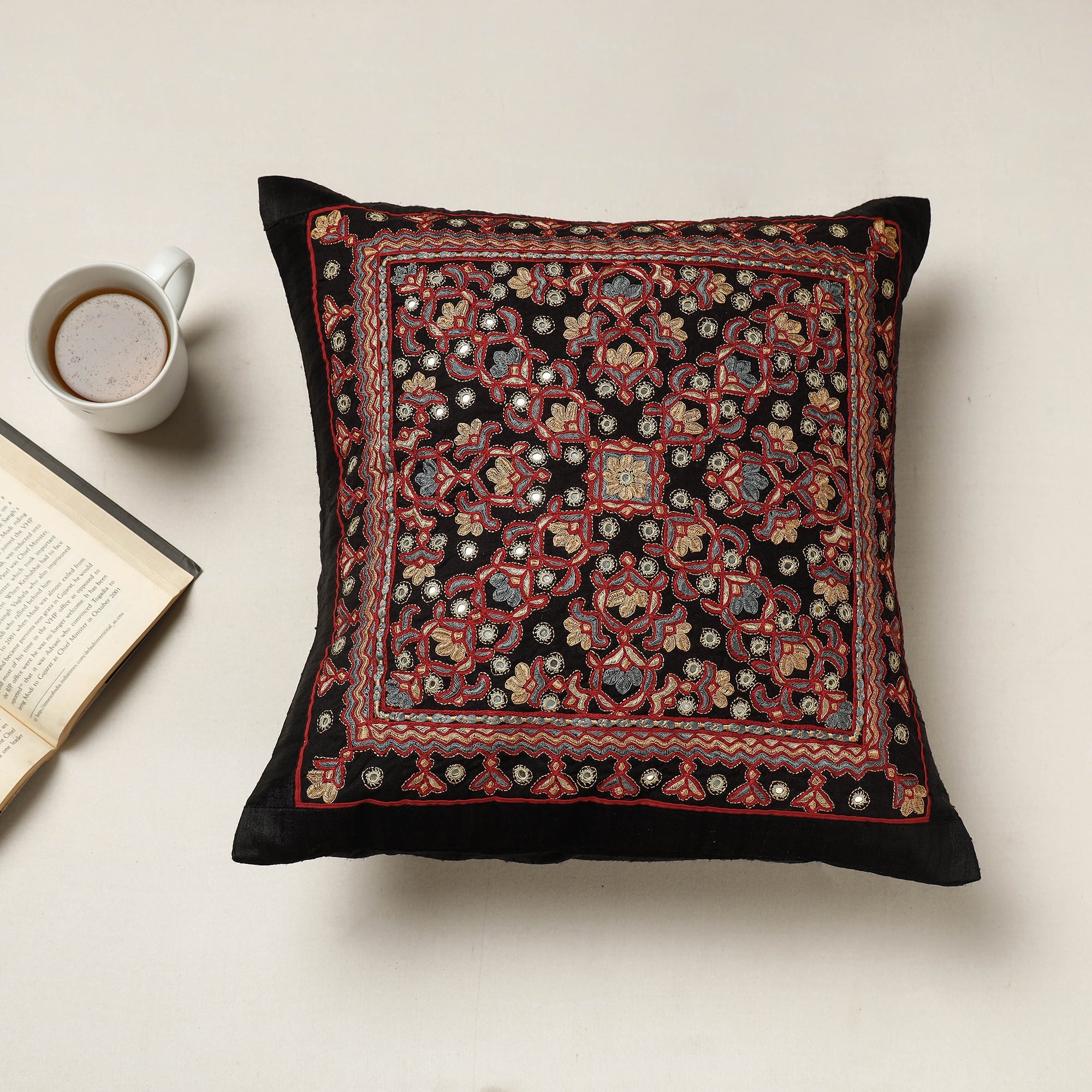 QASAB Black - Kutch Neran Hand Embroidered Silk Cushion Cover (16 x 16 in)