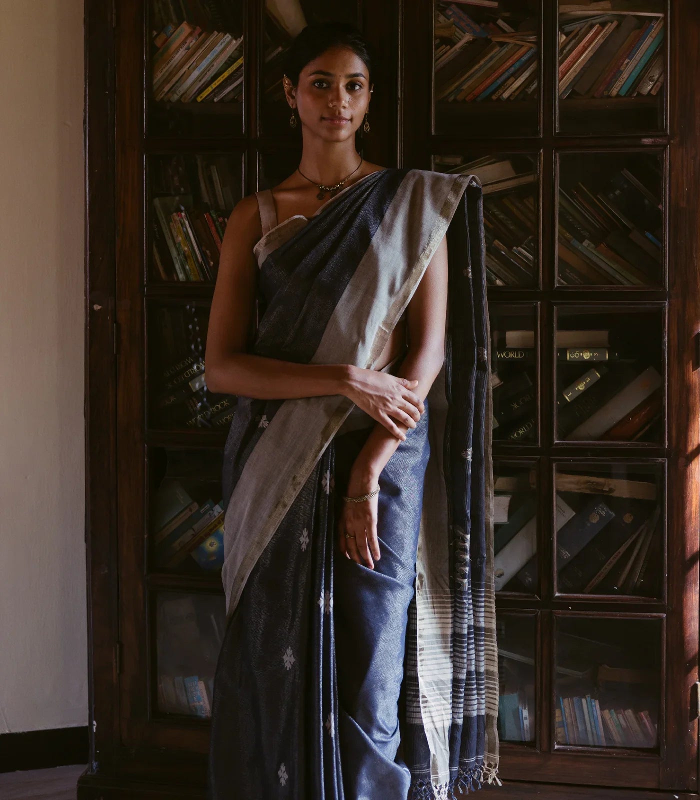 RmKV Dark Grey Handloom Bengal Cotton Tissue saree With Zari stripes and Floral (Phool) Buttis