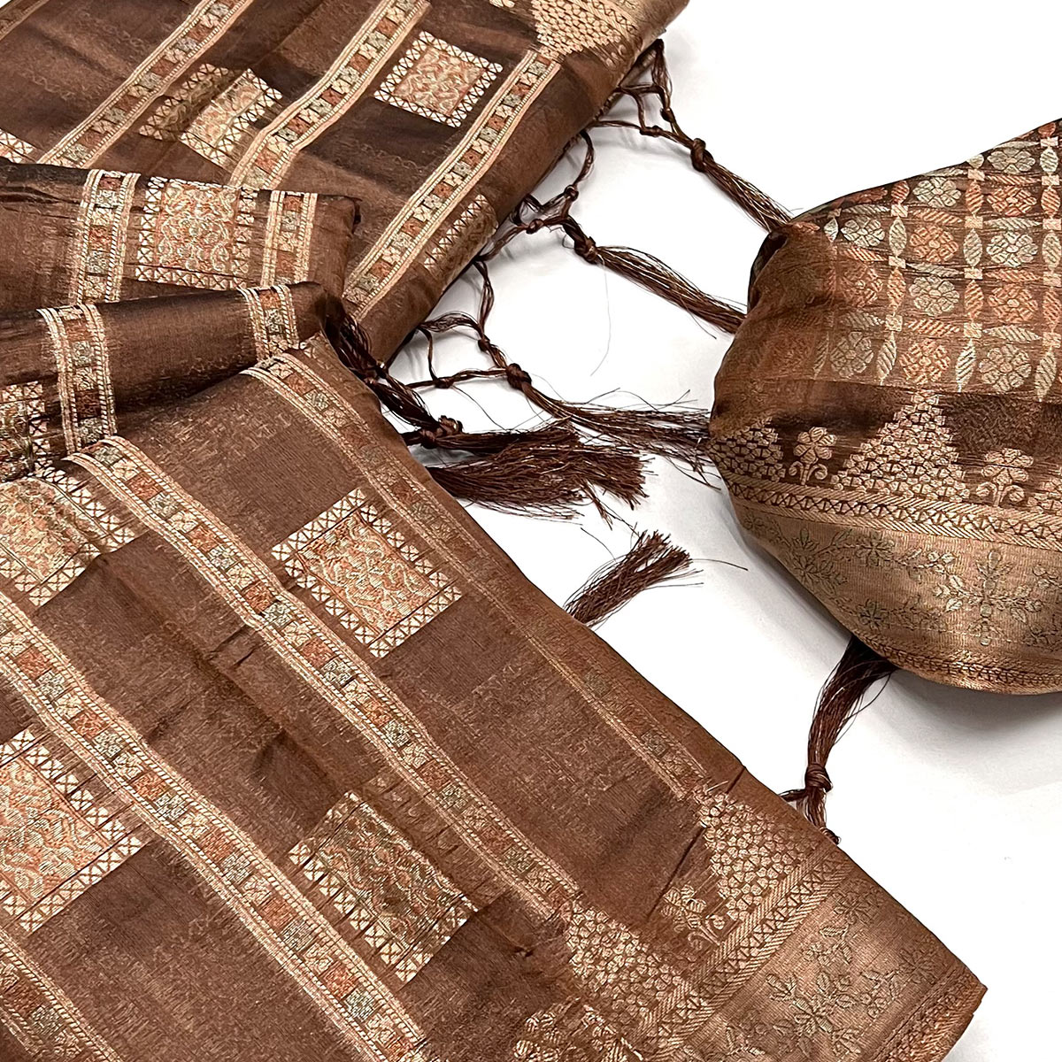 Peachmode Brown Woven Cotton Blend Saree With Tassels - view 2