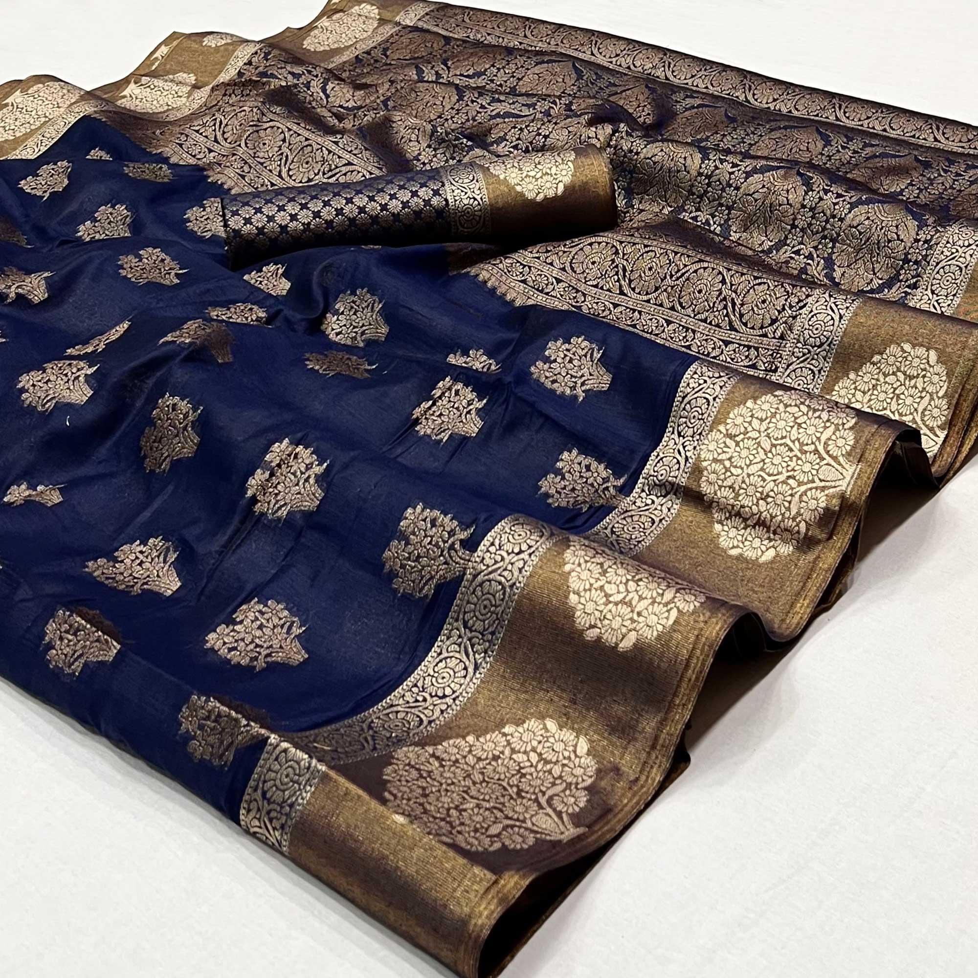Peachmode Blue Woven Cotton Blend Saree – Women's