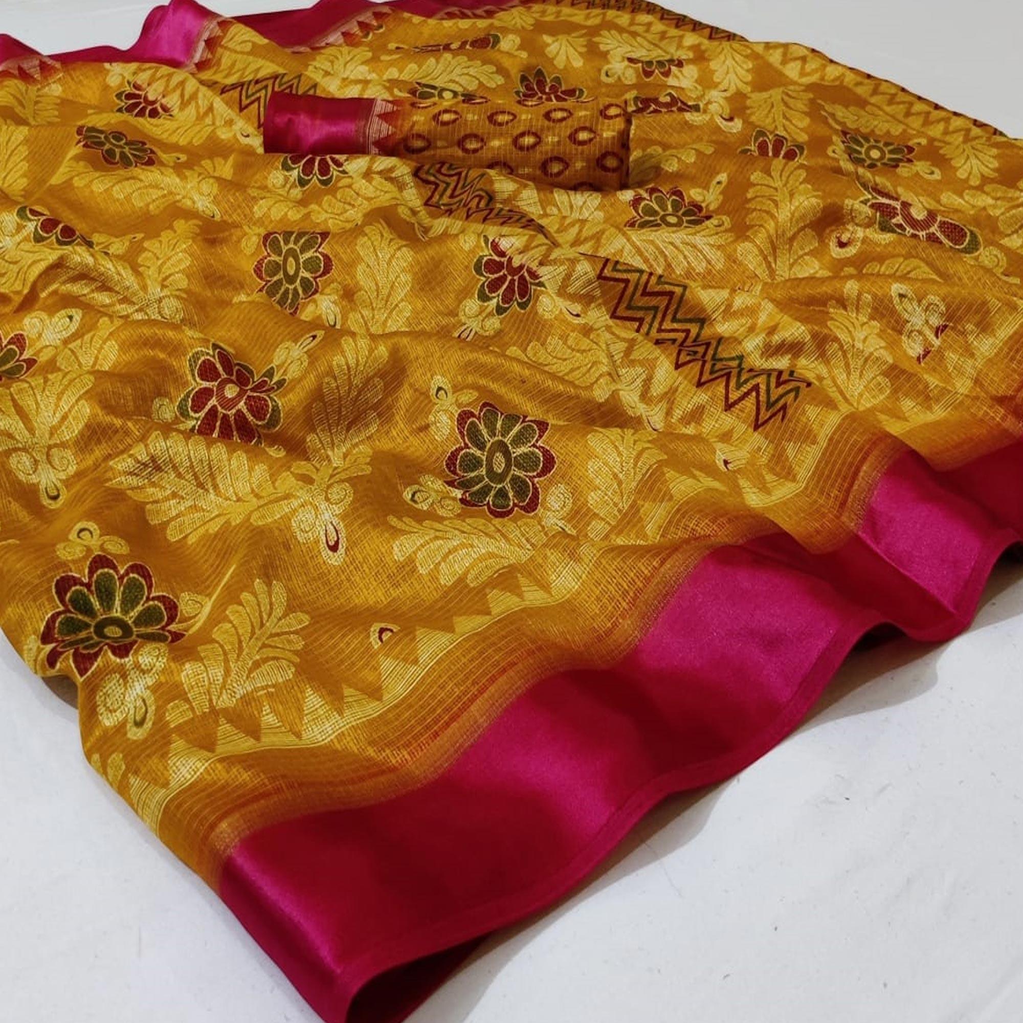 Peachmode Marvellous Mustard Yellow Colored Casual Wear Printed Heavy Cotton Saree
