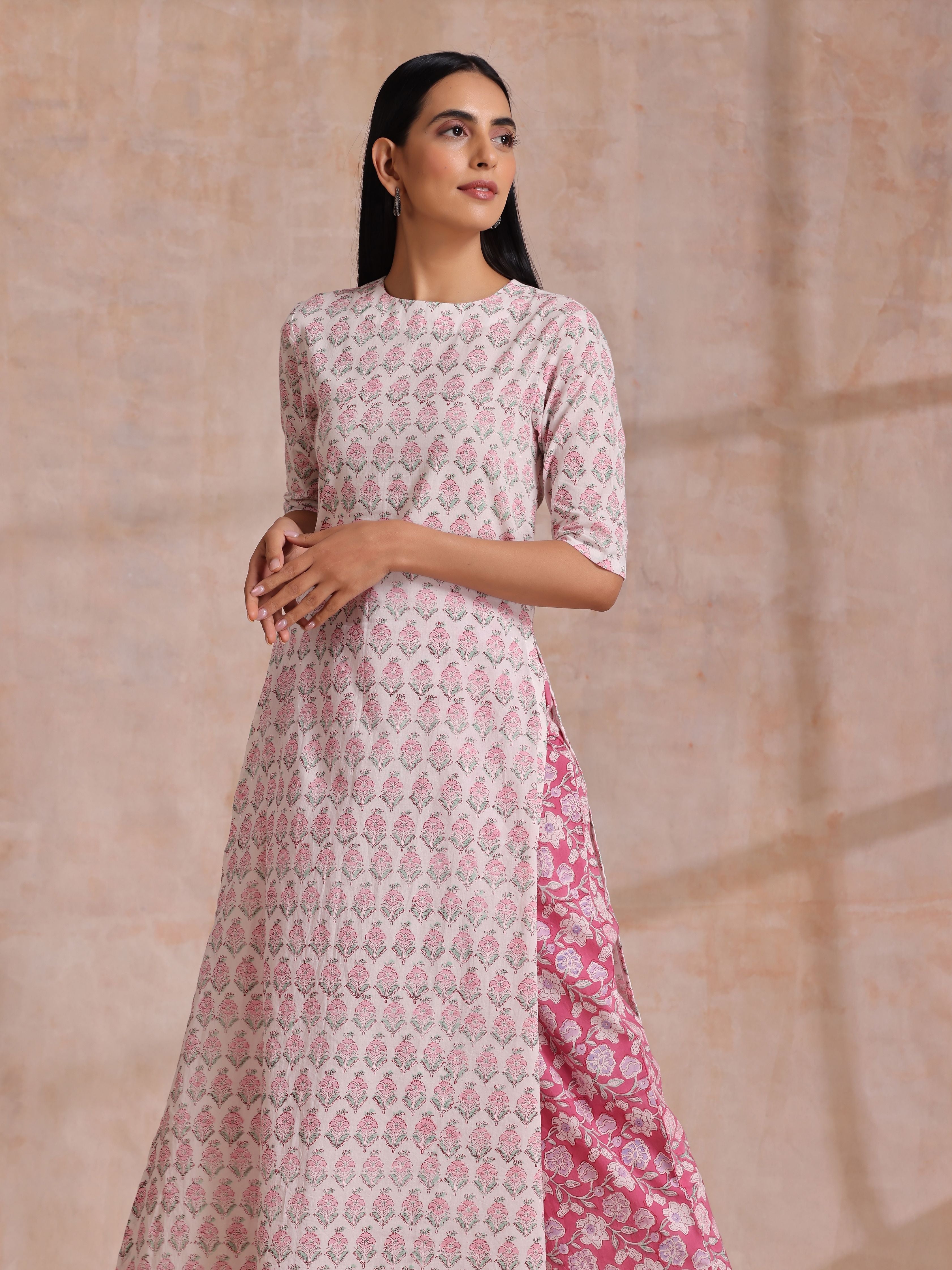 Pink Green Floral On White Block Print Cotton Slit Kurta Pant Set | Relove - view 4
