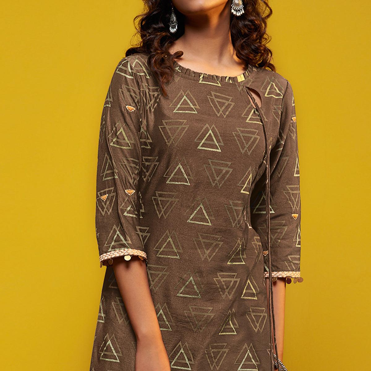 Peachmode Flattering Brown Colored Casual Printed Cotton Silk Kurti-Bottom Set - view 3