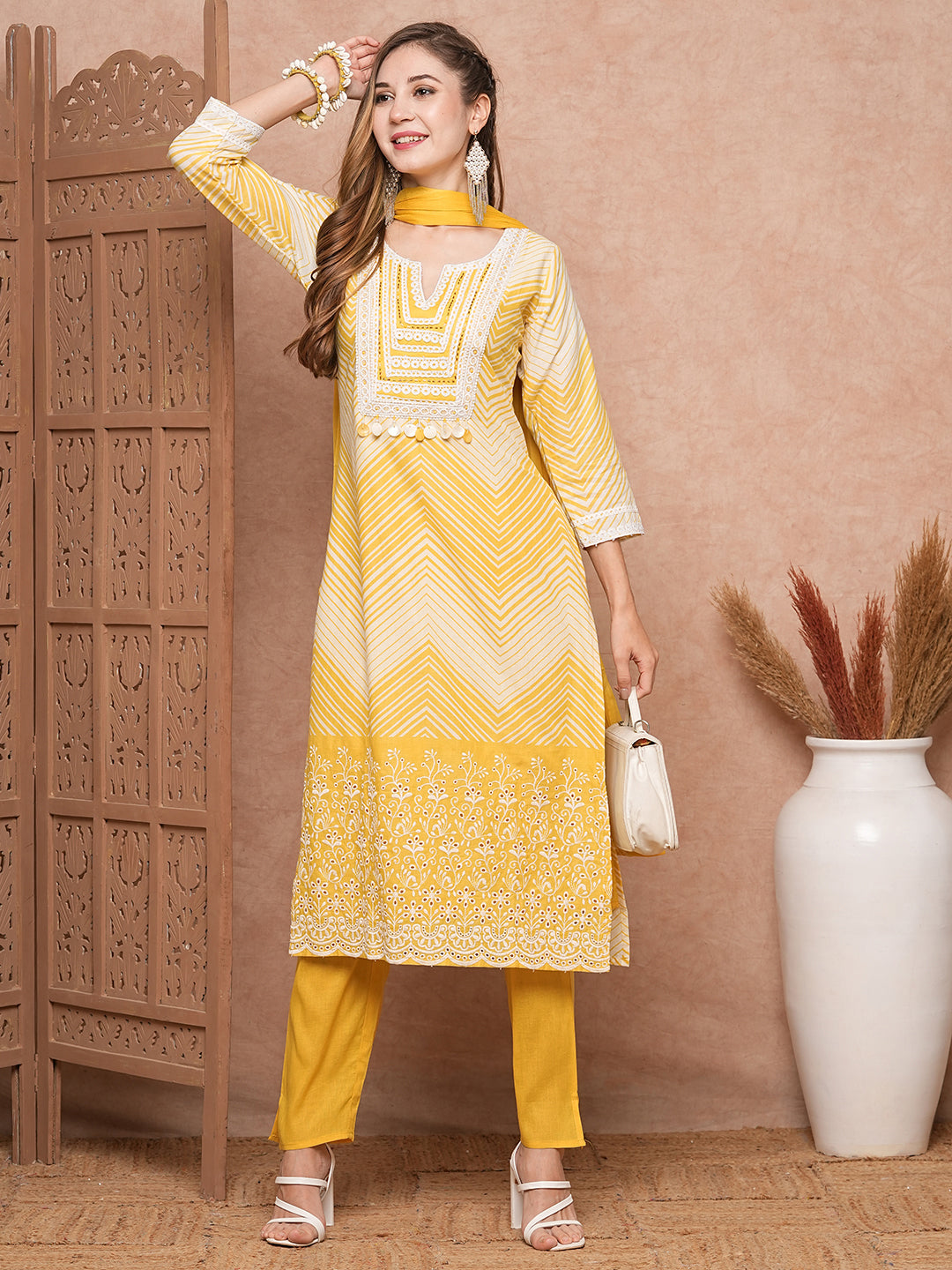 Fashor Chevron Printed Mother-of-Pearl Embellished Schiffili Kurta with Pants & Dupatta - Yellow - view 3