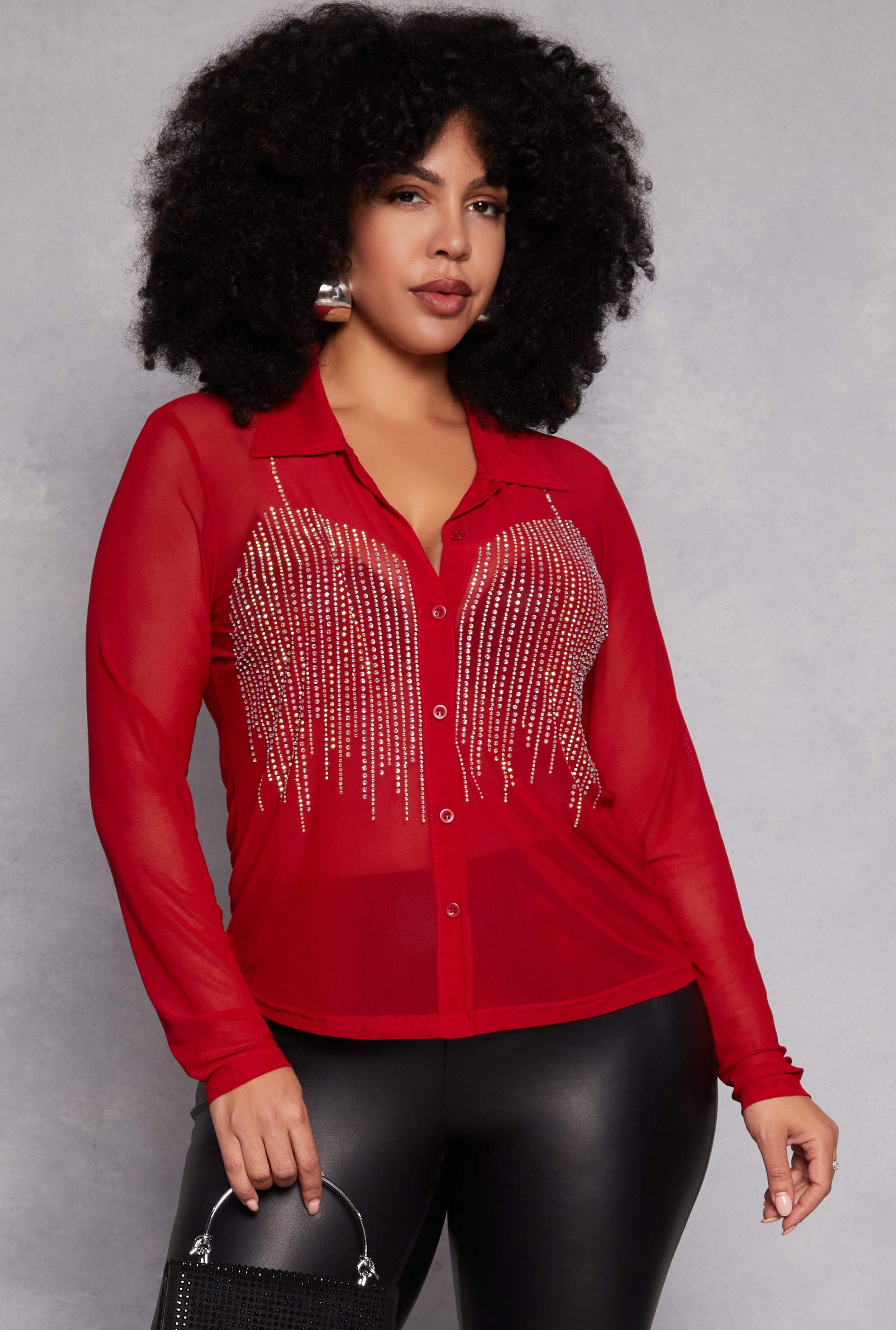 Rainbow Shops Plus Size Rhinestone Mesh Button Front Shirt
