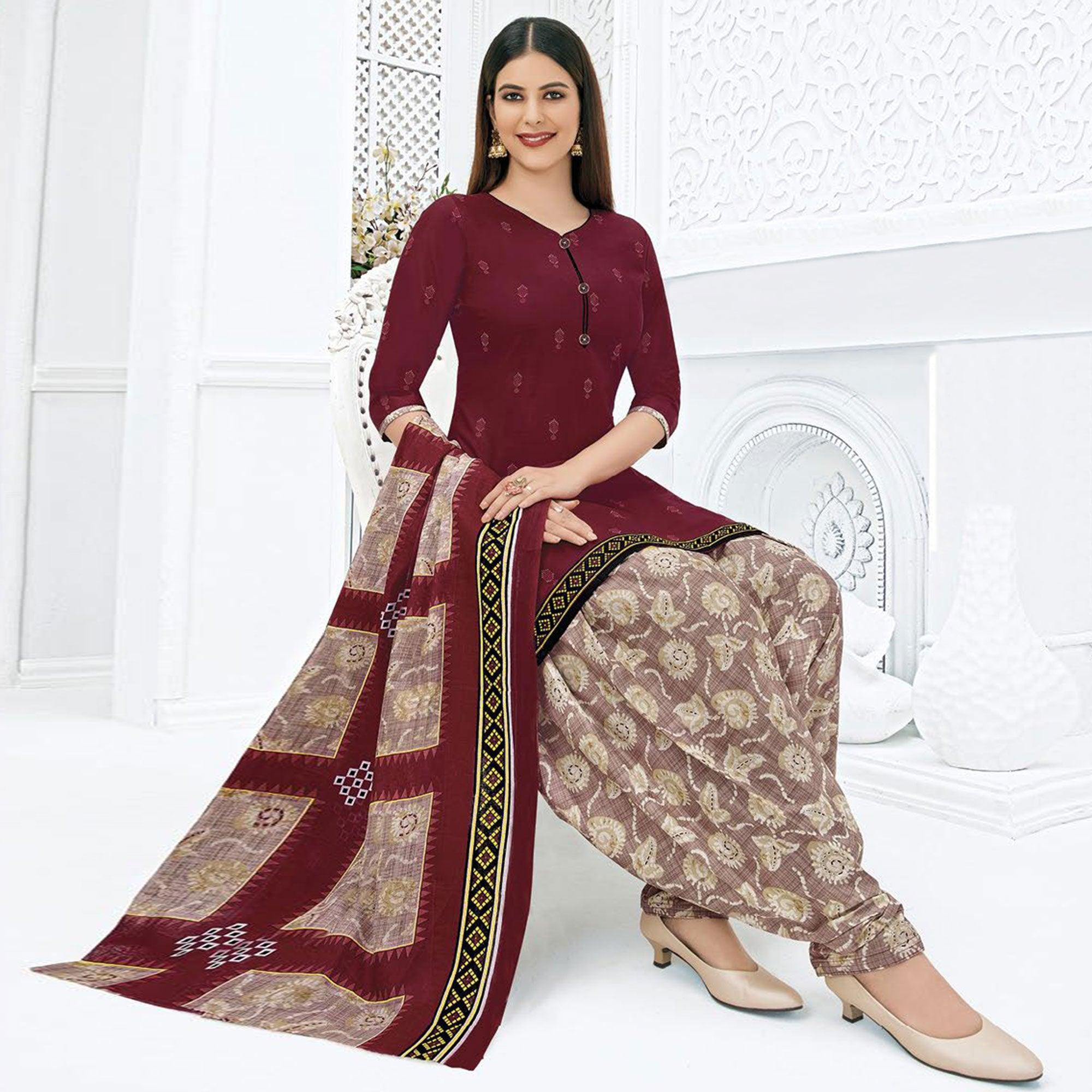 Peachmode Maroon Printed Pure Cotton Stitched Patiala Suit