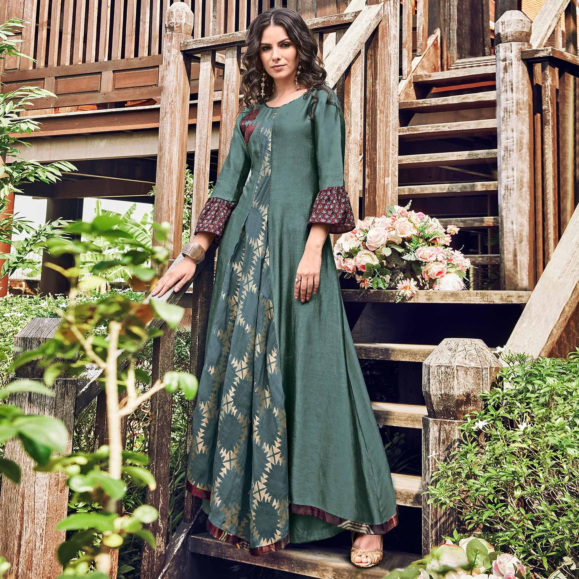 Peachmode Glorious Teal Grey Colored Party Wear Printed Modal-Jacquard Long Kurti