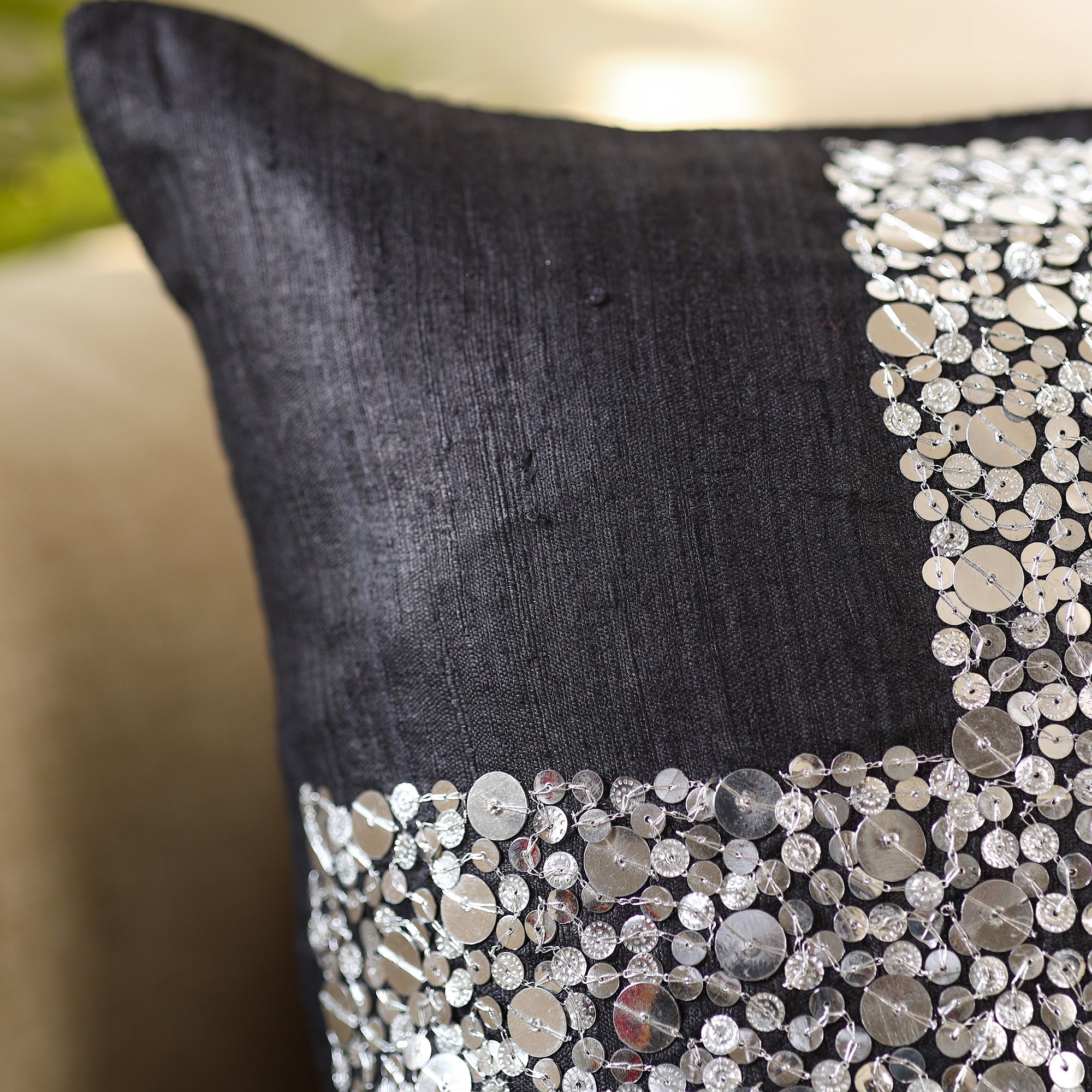 CHHATTISGARH HASTSHILP VIKAS BOARD Black - Aari Embroidery Sequin Work Ghicha Silk Cushion Cover (16 x 16 in) - view 3