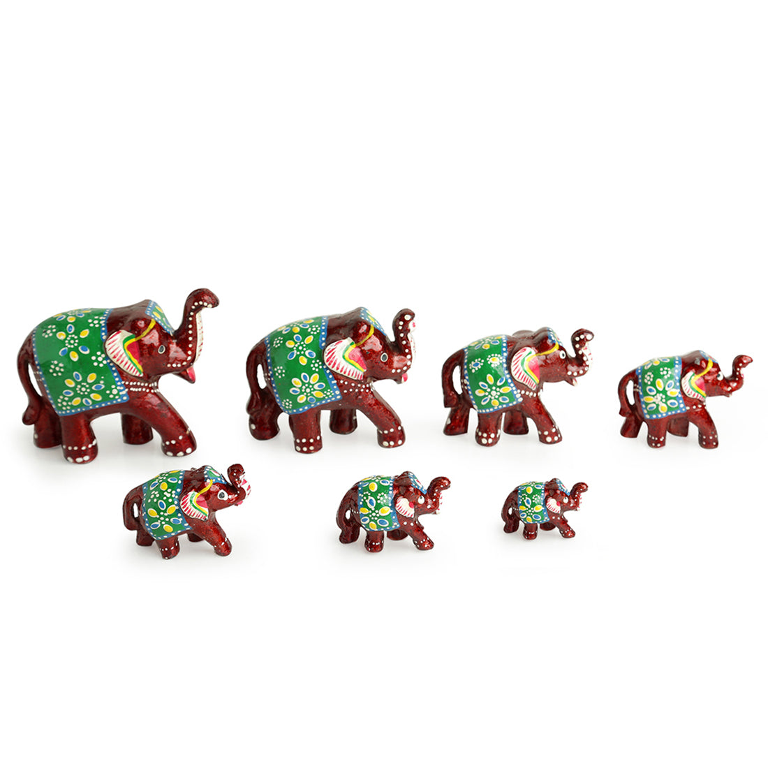 EXCLUSIVELANE 'Seven Tuskers In Maroon' Hand Carved & Handpainted Showpiece In Resin (Set of 7) - view 2