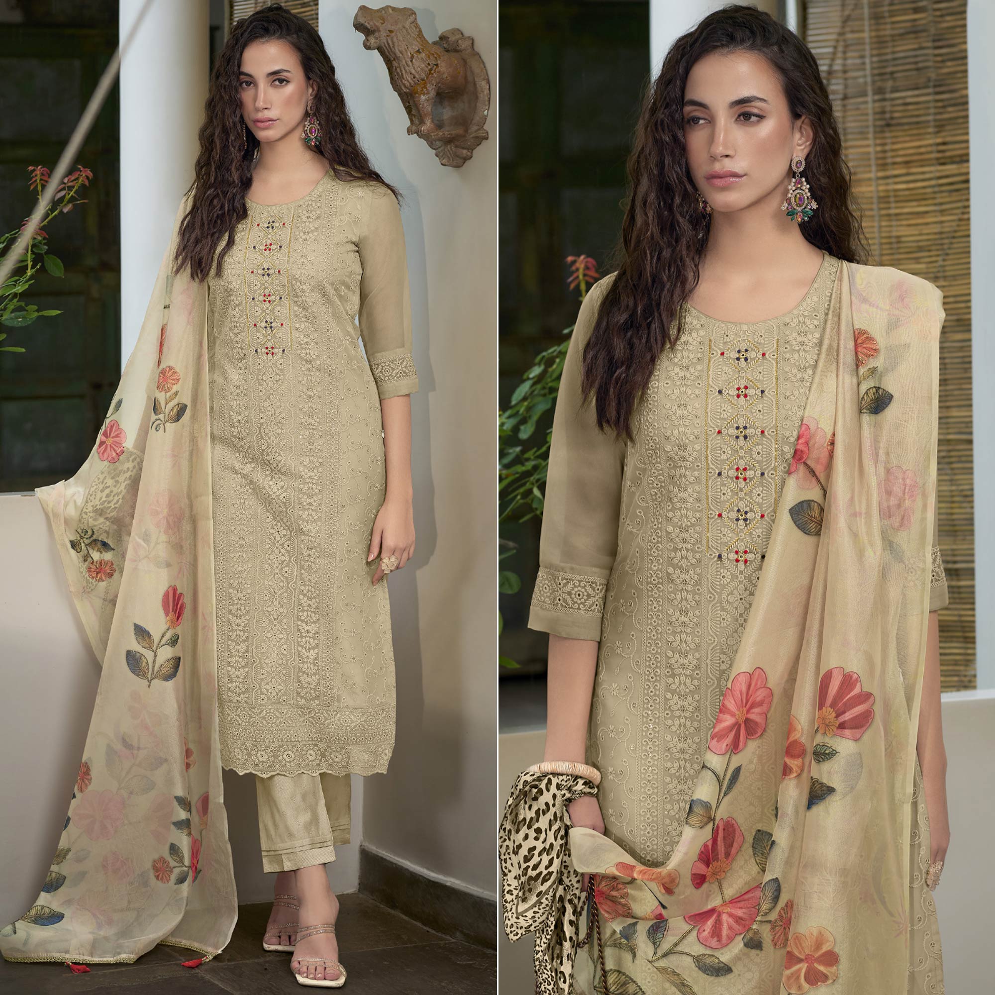 Peachmode Cream Chikankari With Handwork Organza Salwar Suit