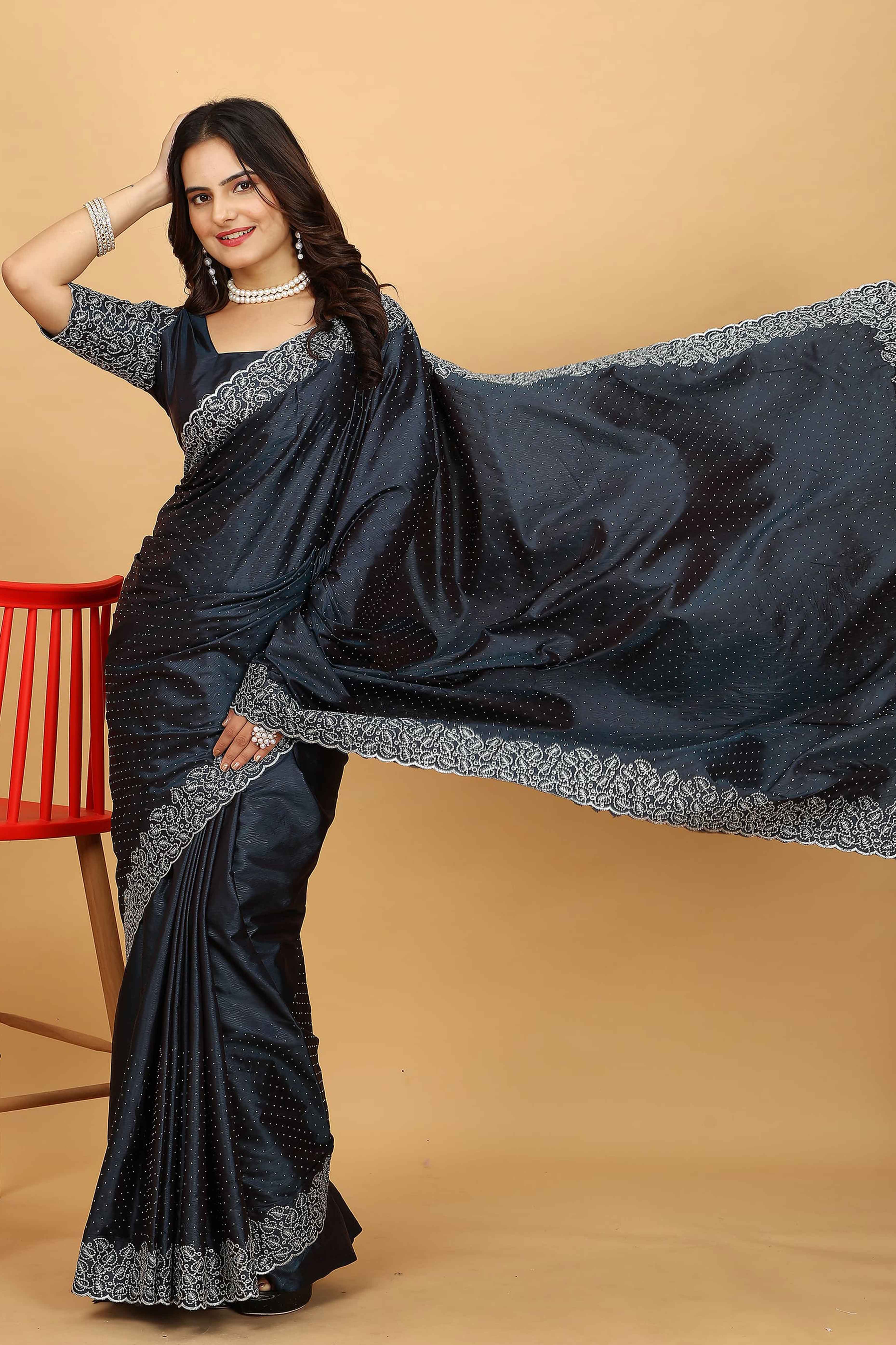 Peachmode Dark Grey Swarovski Work Paper Silk Saree With Embroidery Zari Border