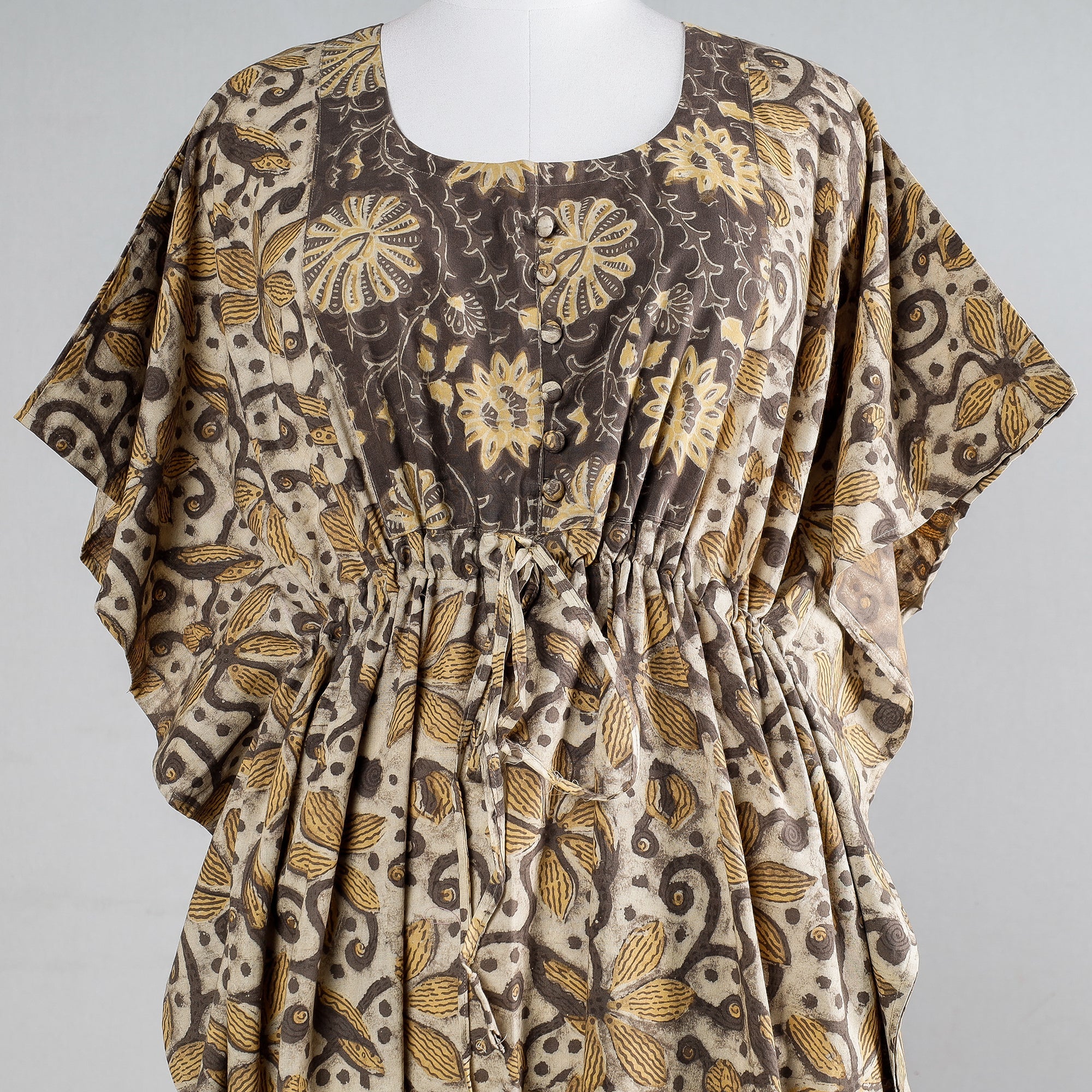 THE SAFFRON SAGA Beige - Ajrakh Block Printed Cotton Kaftan with Tie-Up Waist (Long) - view 2