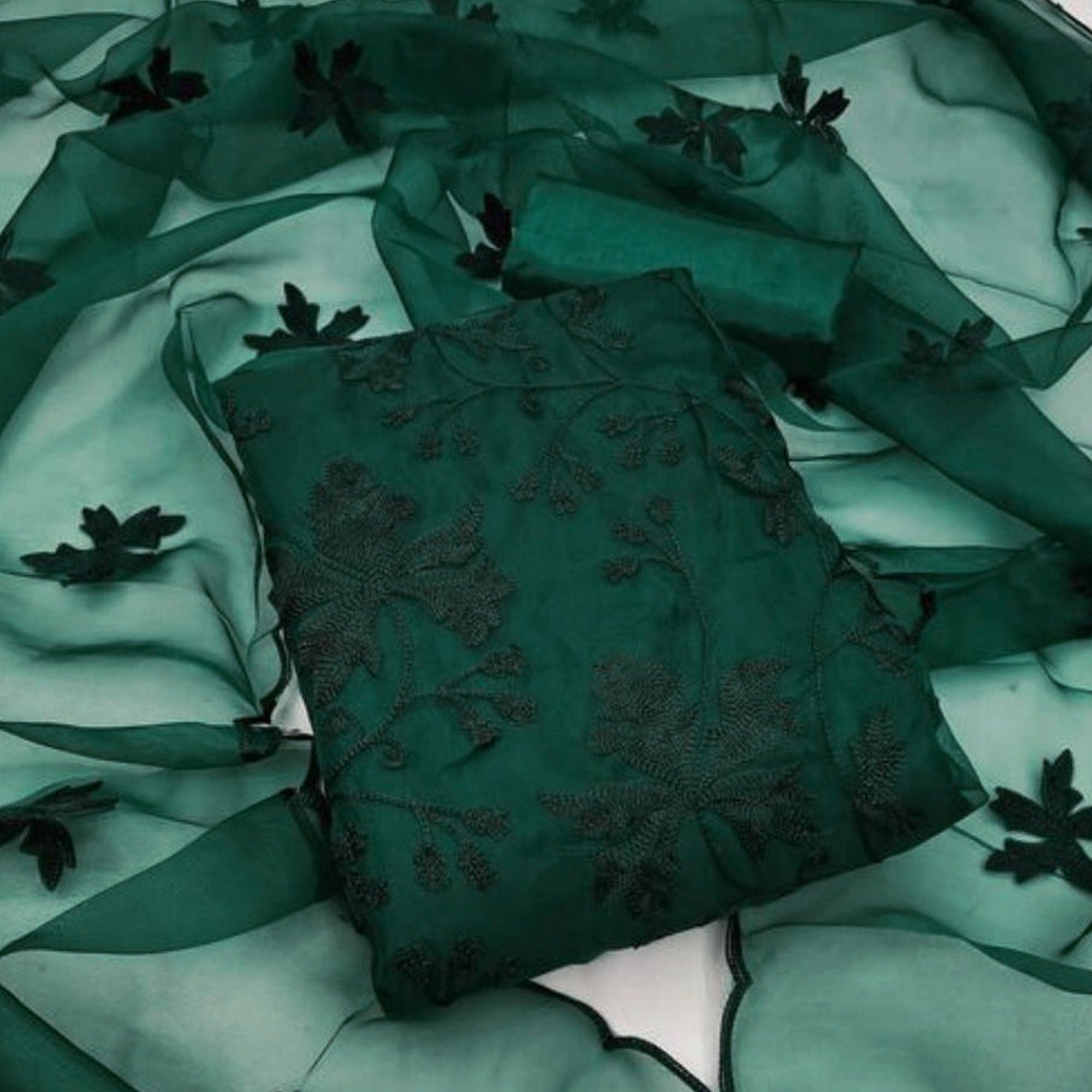 Peachmode Bottle Green Embroidered Organza Dress Material