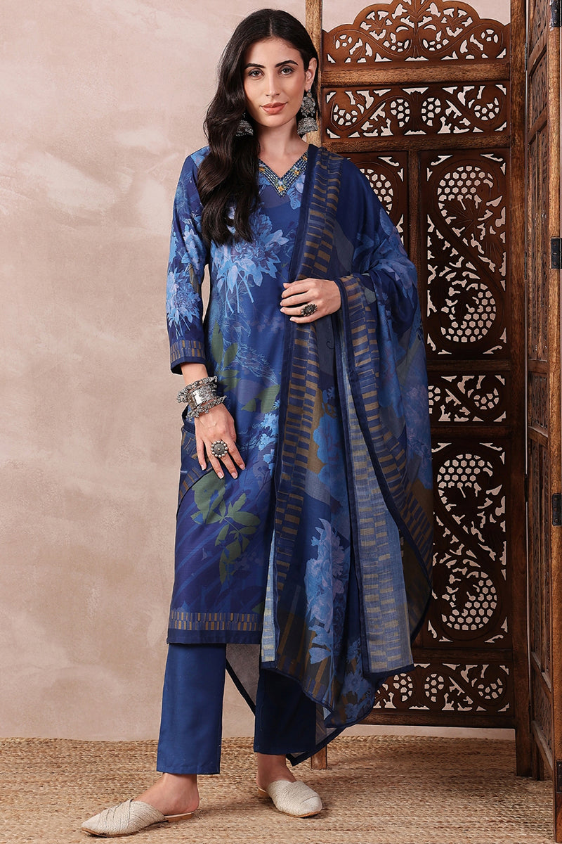 Ahika Blue Rayon Blend Floral Printed Straight Trouser Bottom Suit Set PKSKD2555BLU - view 2