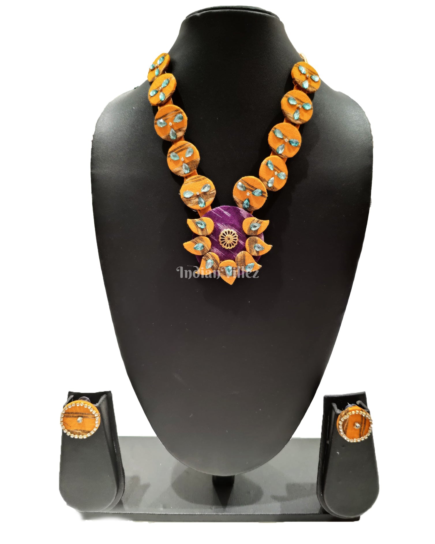 Necklace earrings set – IndianVillèz Yellow Purple Coin Shape Sambalpuri Fabric Choker Jewellery - Necklace & Earrings Set
