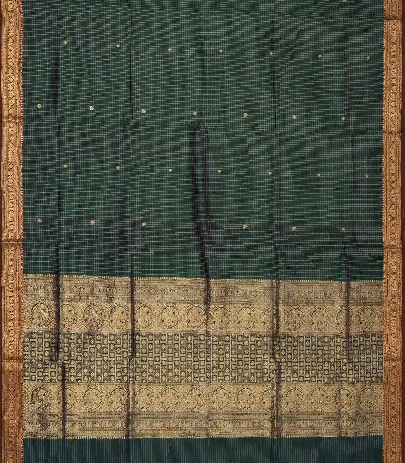 RmKV Bottle Green Handloom Silk Cotton Saree With Checks & Buttas - view 2