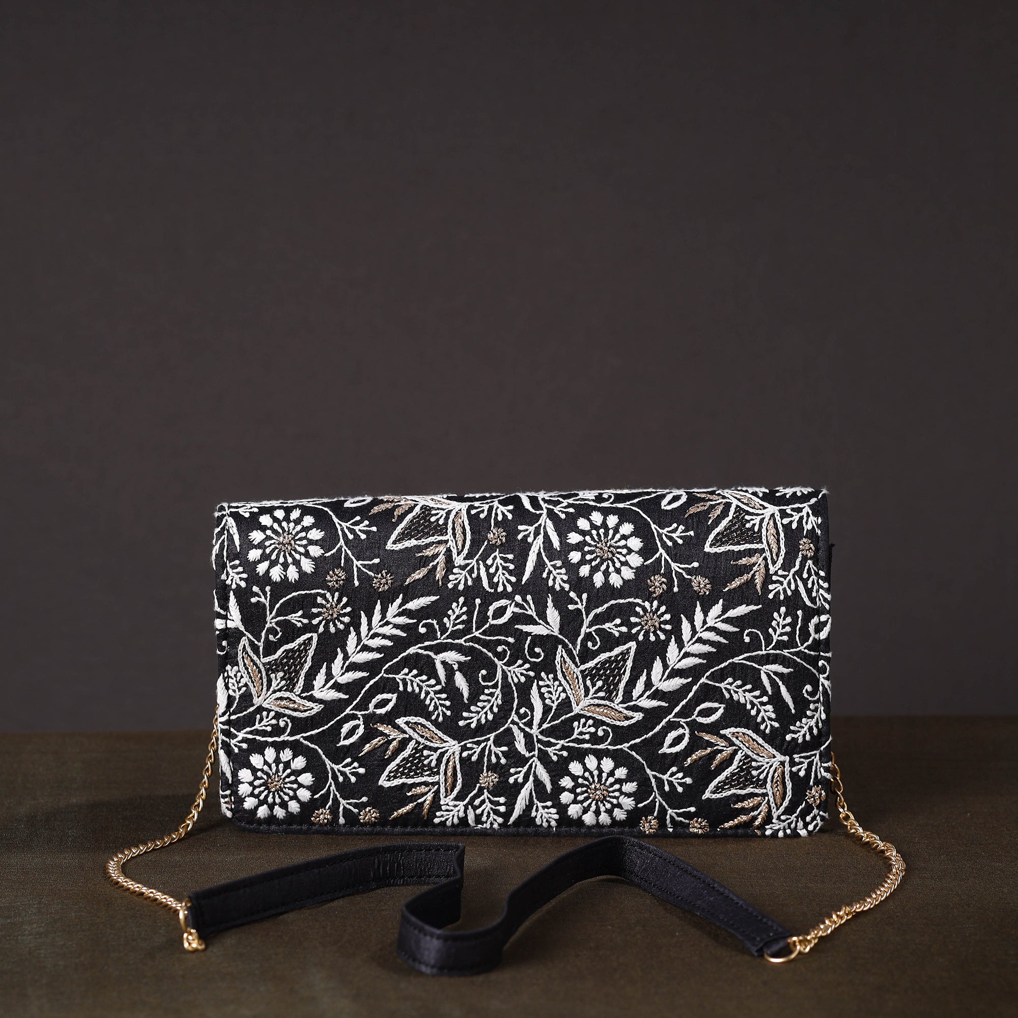 LAVANGG Black - Chikankari Hand Embroidery Tussar Silk Clutch / Sling Bag 09 - view 2