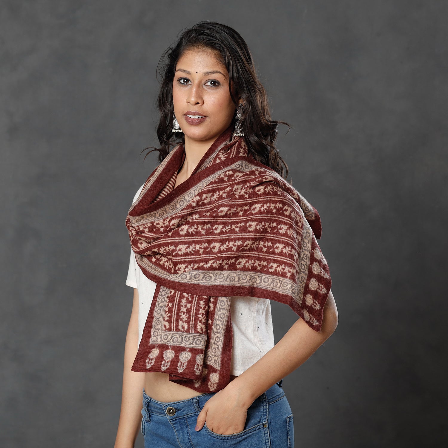 BAGH PRINTS BY MOHAMMED BILAL KHATRI Brown - Bagh Block Printed Natural Dyed Woolen Muffler (61 in) - view 2