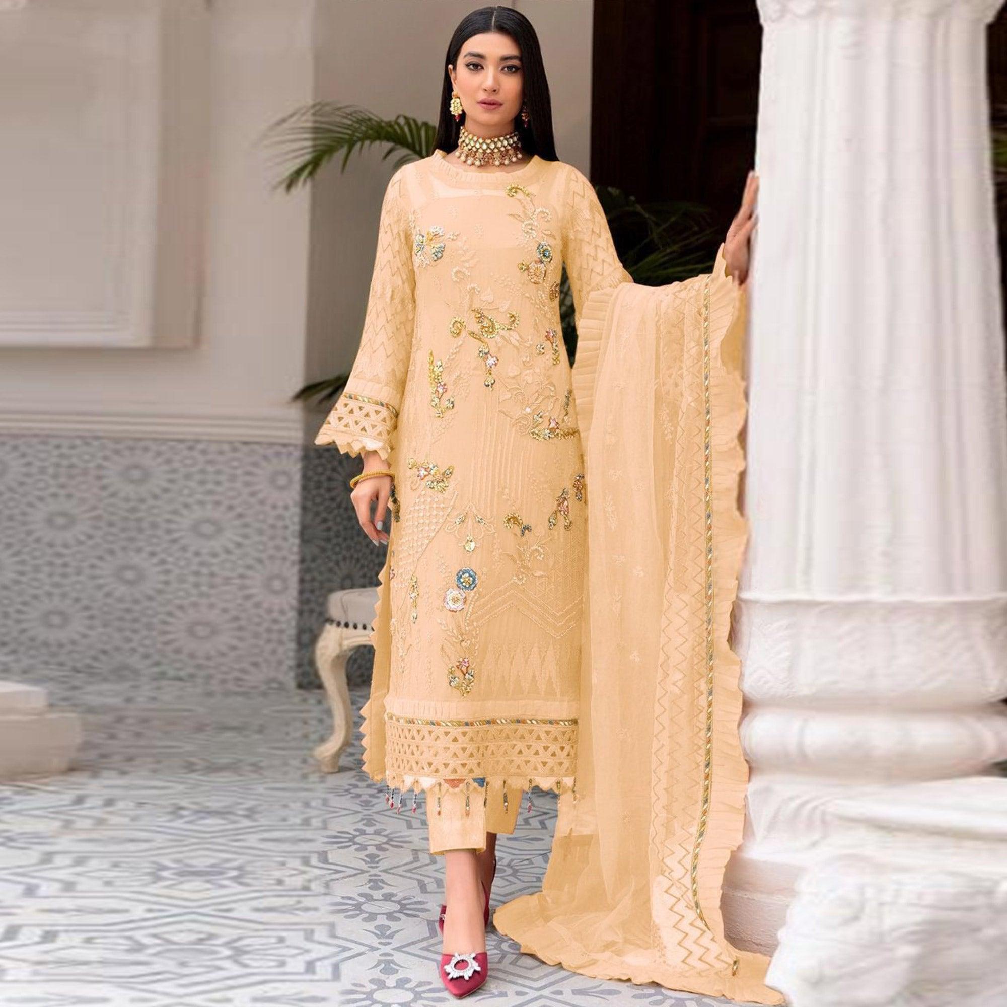 Peachmode Chikoo Floral Sequins Embroidered Work Georgette Pakistani Suit - view 2