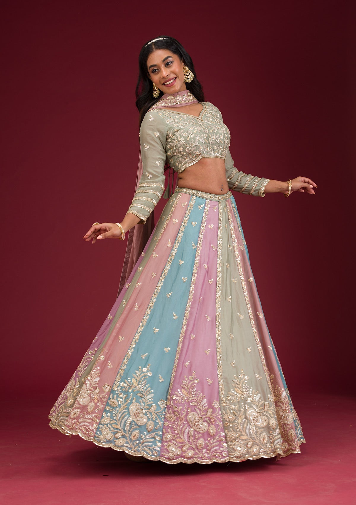 Koskii Peach Zariwork Georgette Readymade Lehenga