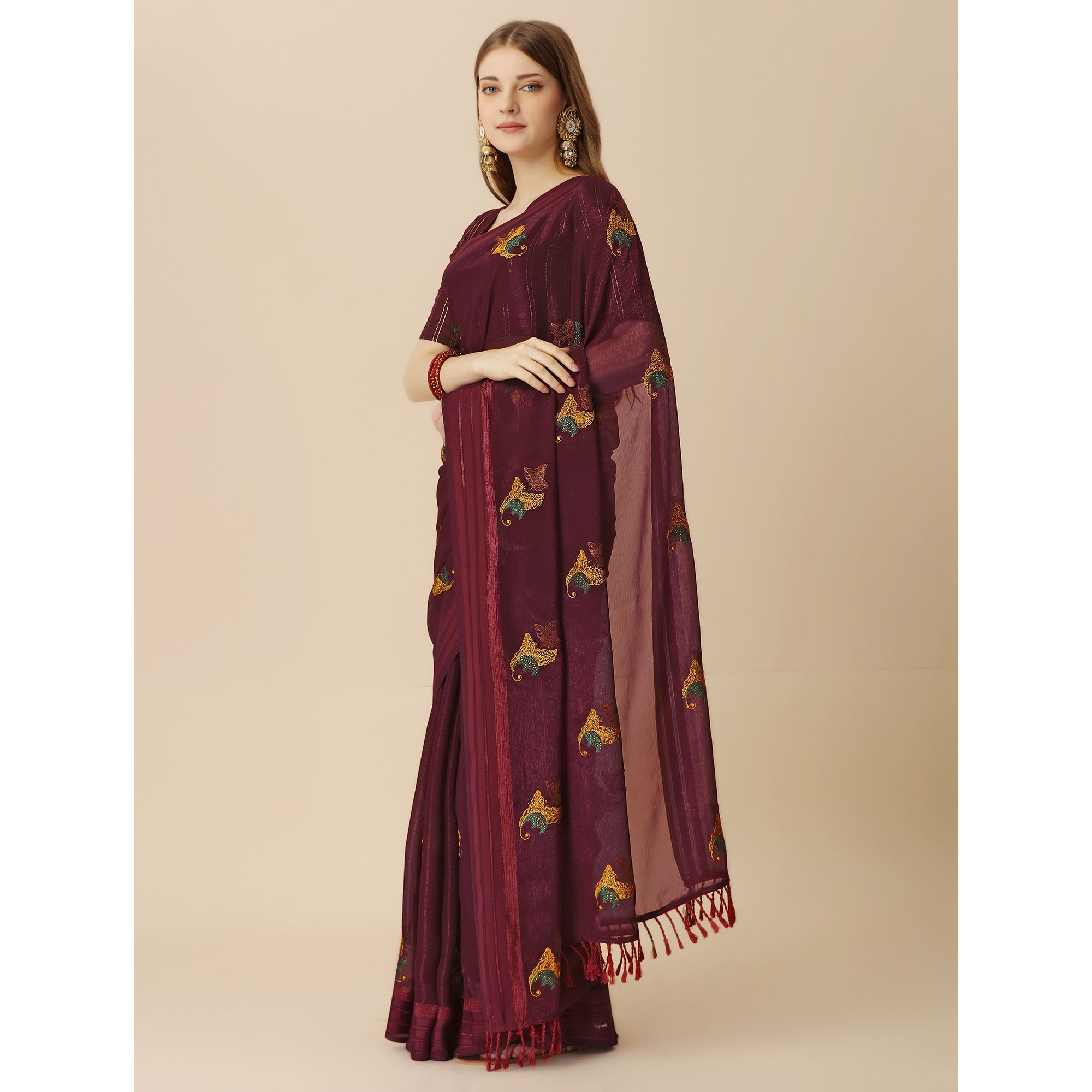 Peachmode Maroon Floral Embroidered Chiffon Saree With With Tassels - view 4