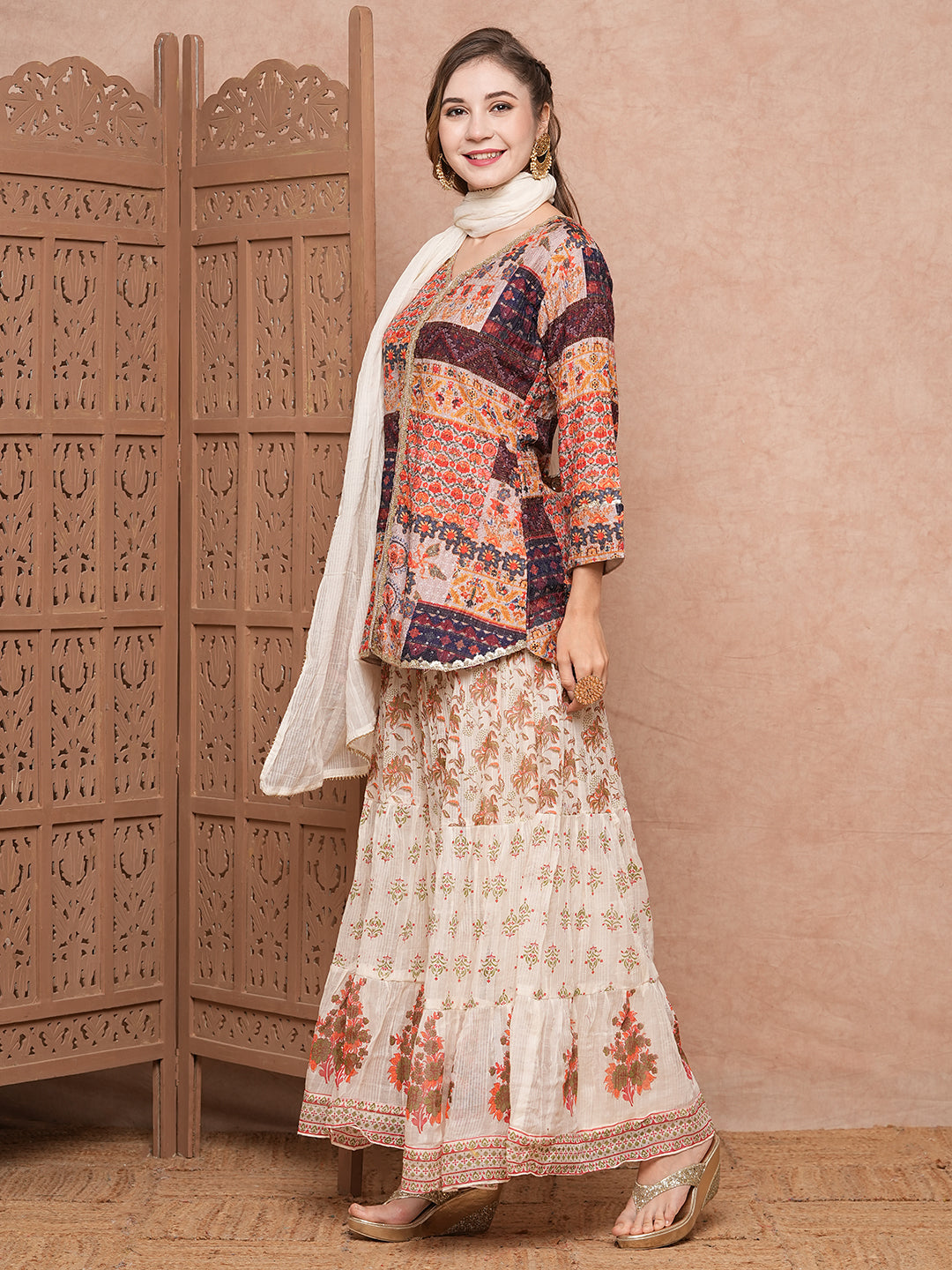Fashor Multi Printed Sequins & Resham Embroidered kurti with Sharara & Dupatta - Multi - view 4