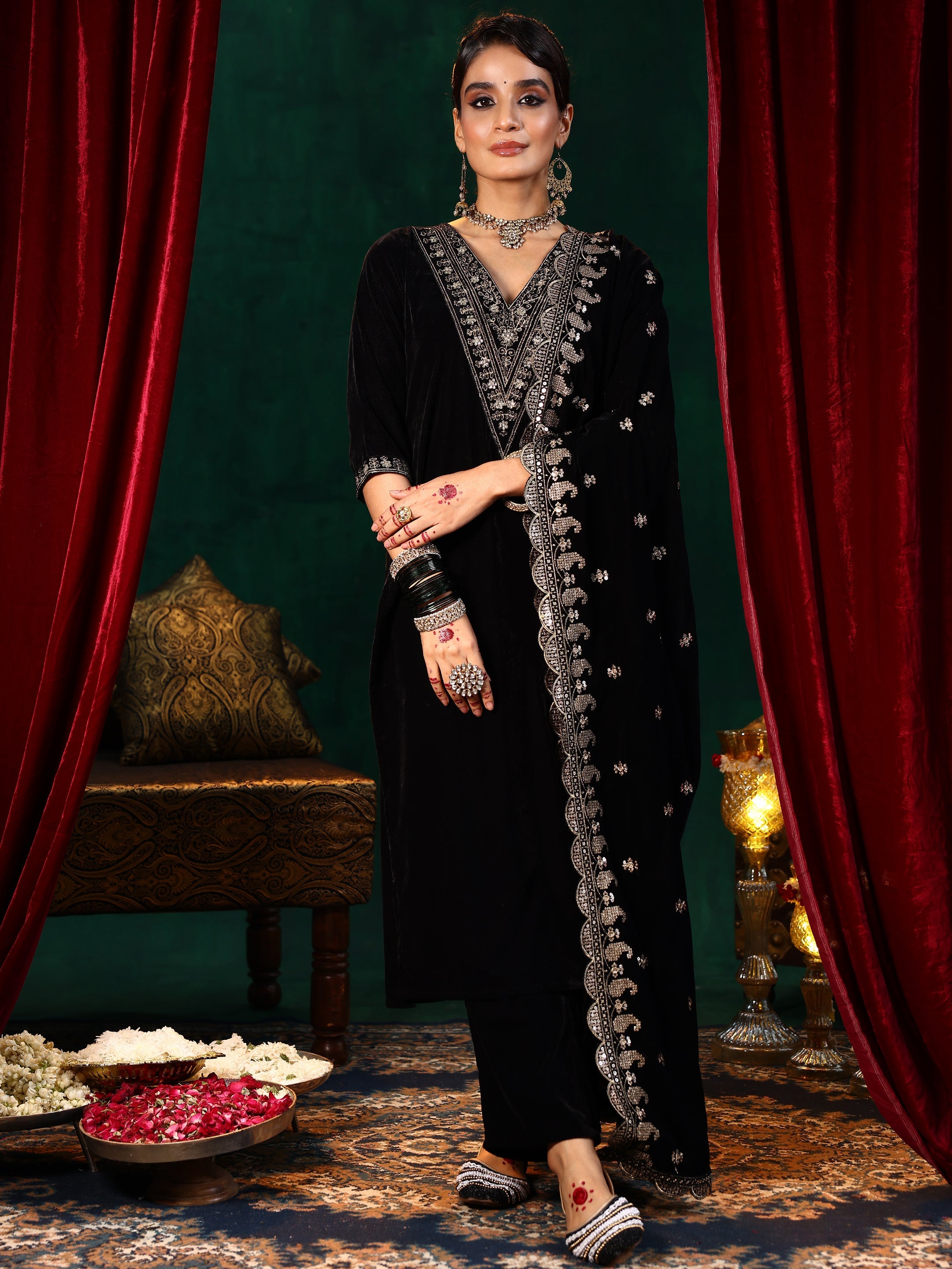 Libas Black Yoke Design Velvet Straight Suit With Dupatta - view 5