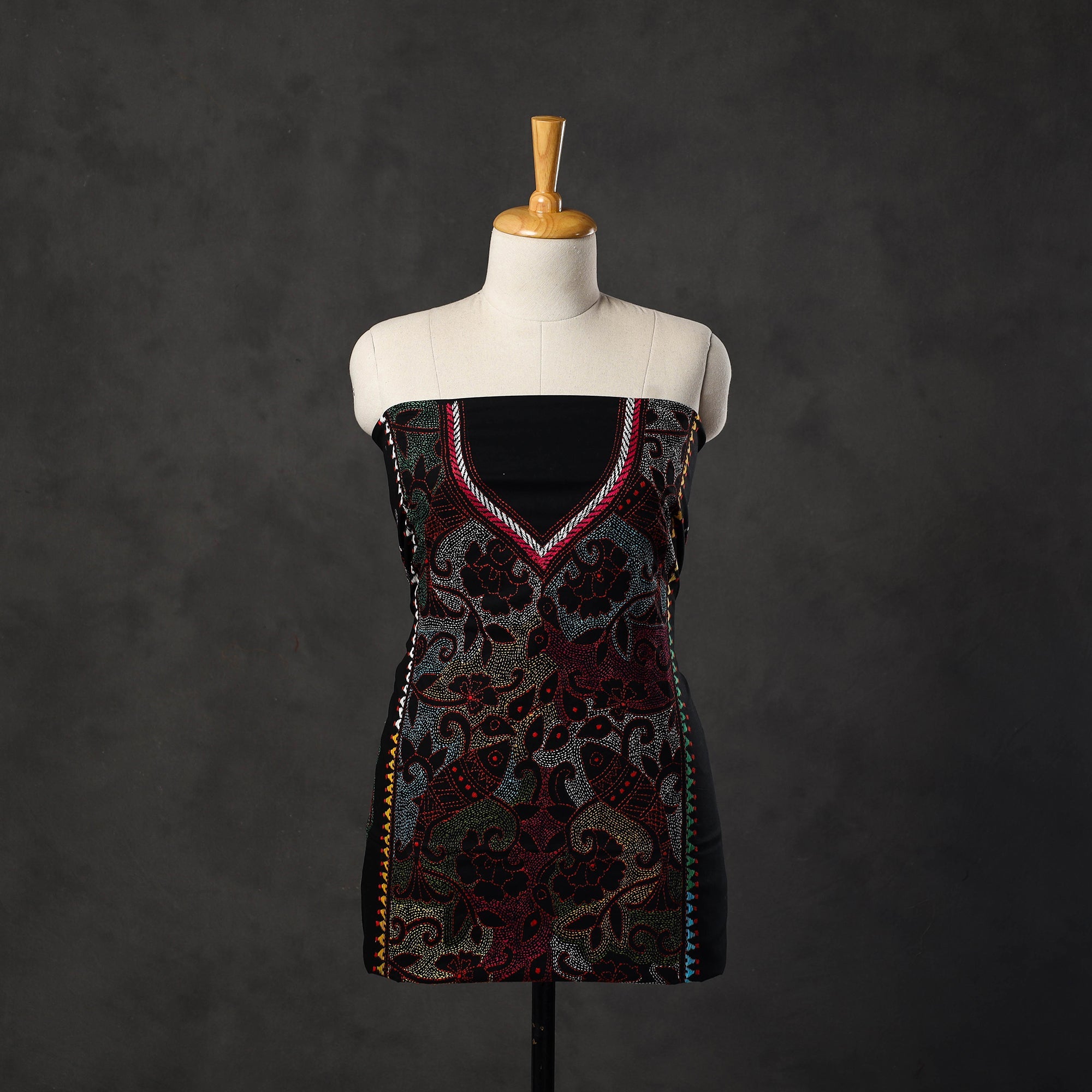 KHUSHBASH - HAPPY LOOM OF EAST Black - Bengal Kantha Embroidery Cotton Kurta Material - (2.8m) 18