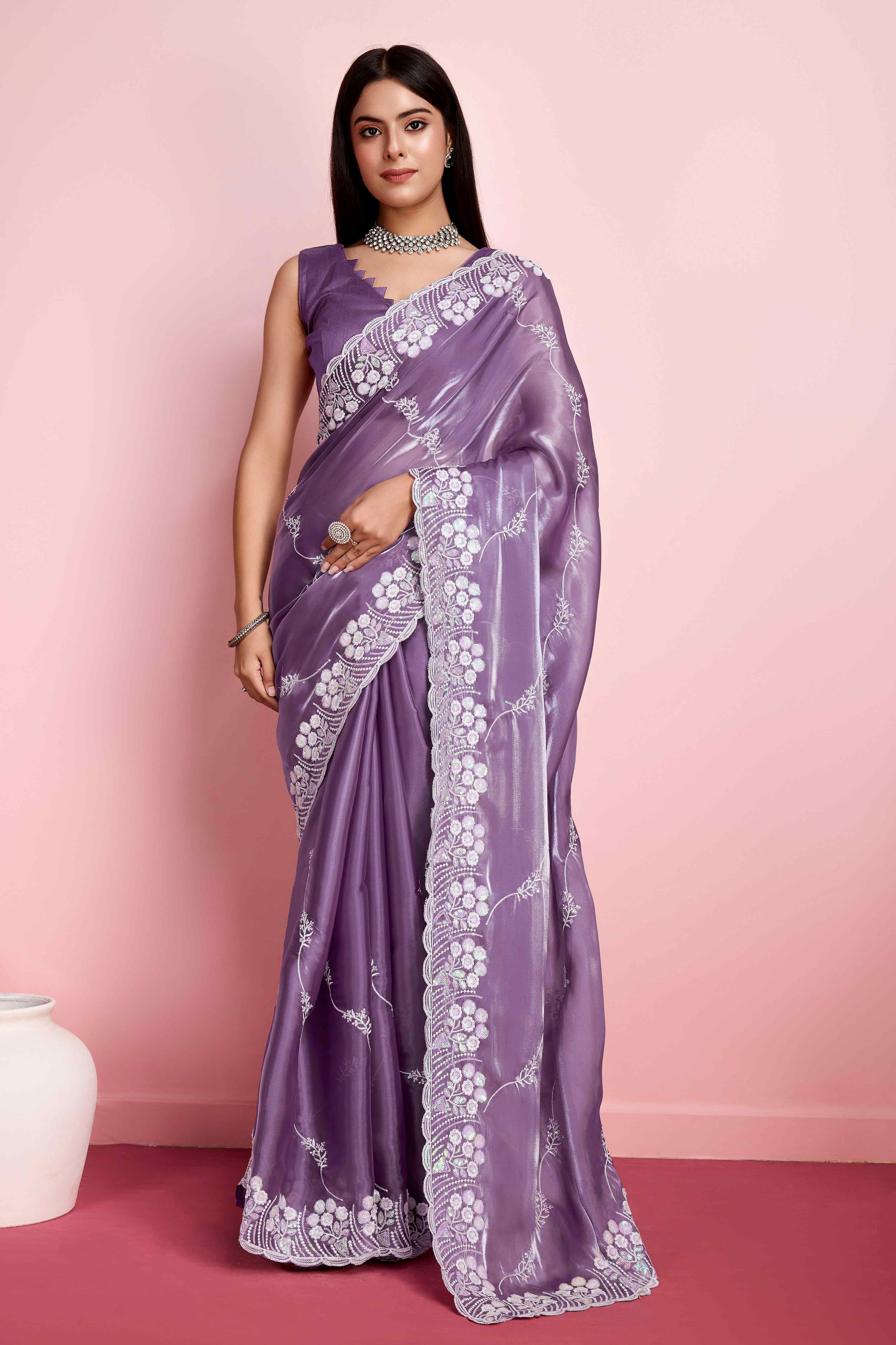 Peachmode Lavender Floral Sequins Embroidered Jimmy Choo Tissue Saree