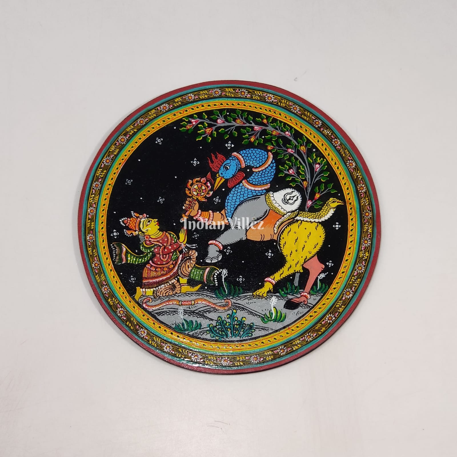 IndianVillèz Arjuna Bows to Navagunjara Pattachitra Wall Plate (GI-Tag Handicraft)