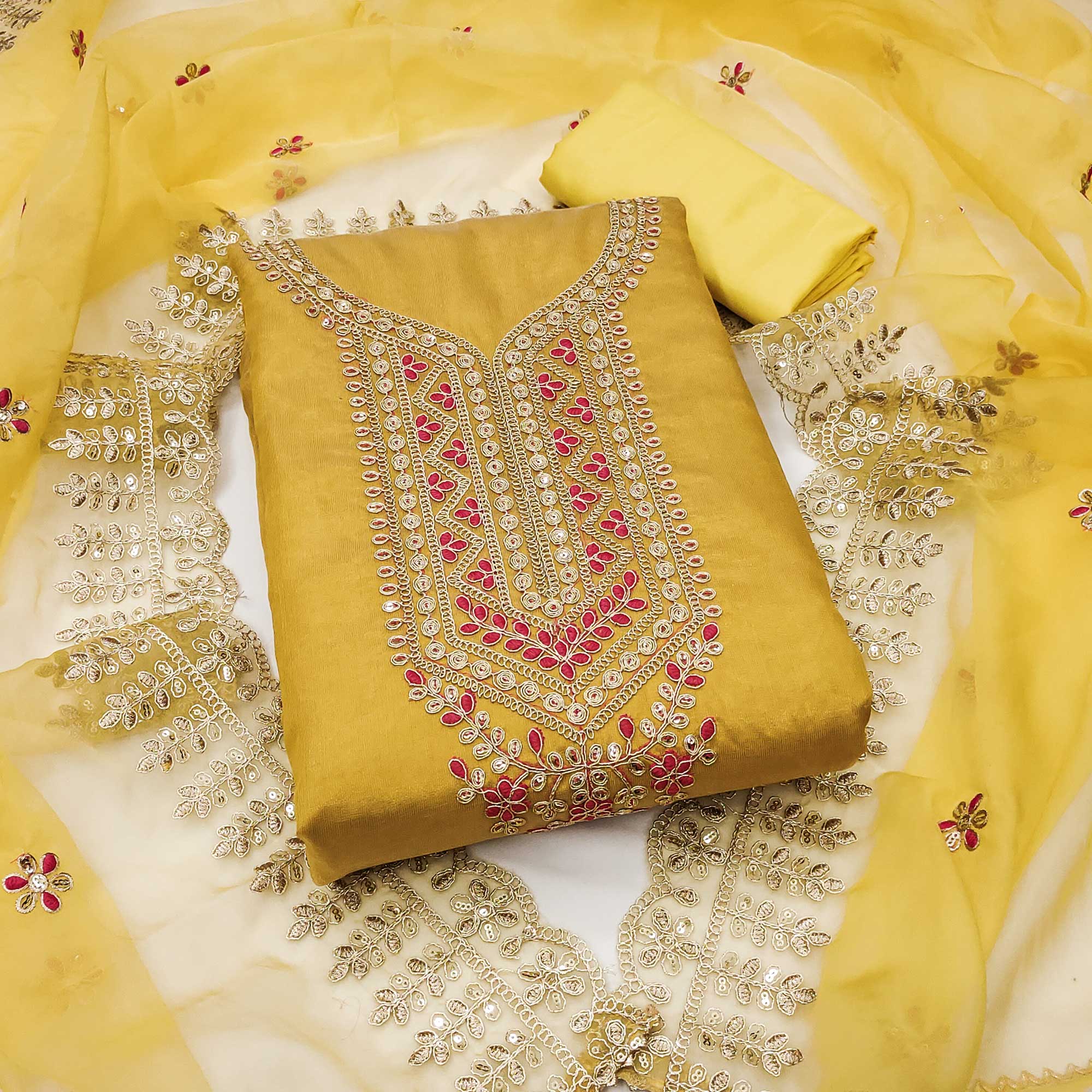 Peachmode Mustard Sequins Embroidered Chanderi Silk Dress Material