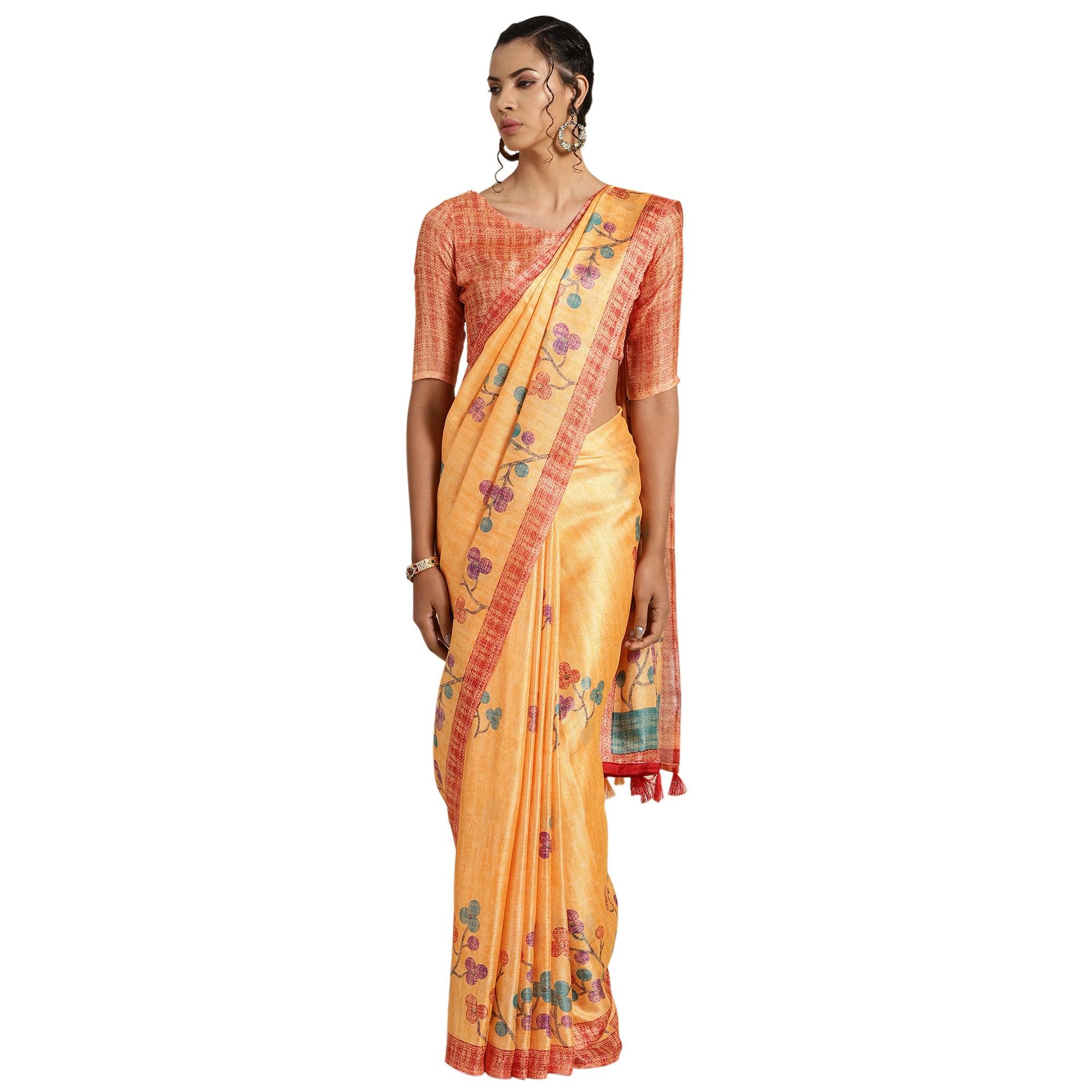 Peachmode Desirable Orange Colored Casual Printed Cotton Saree